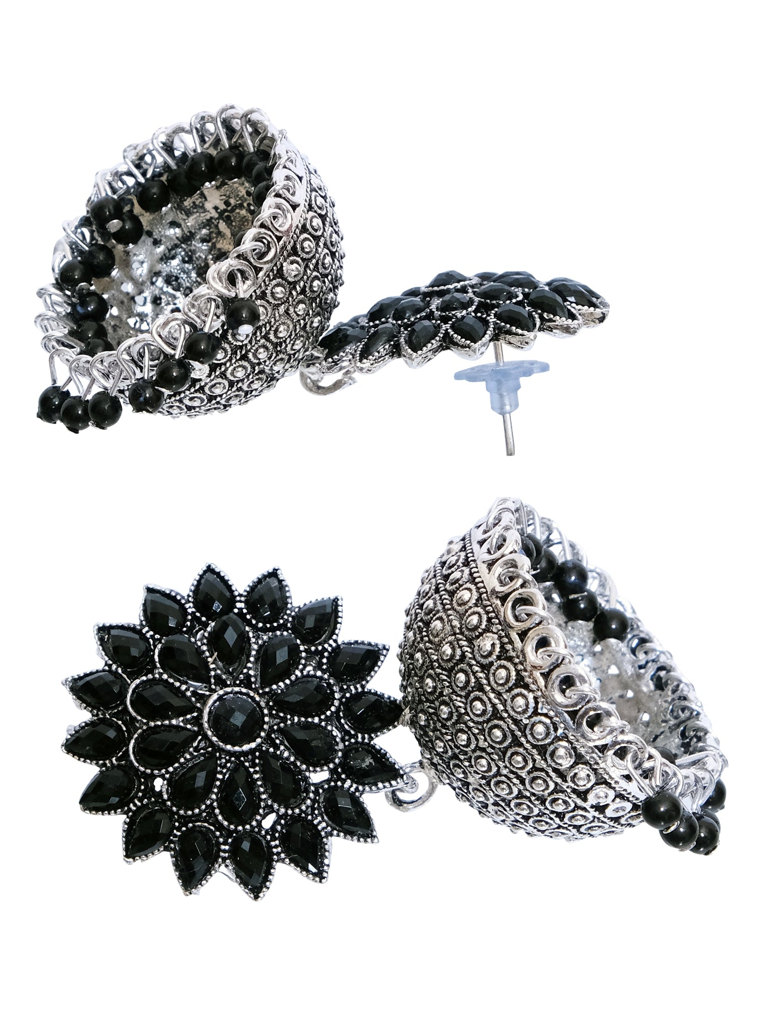 Nisha Oxidised Jhumkas - Oxidised Silver Floral Jhumki Earrings for Women