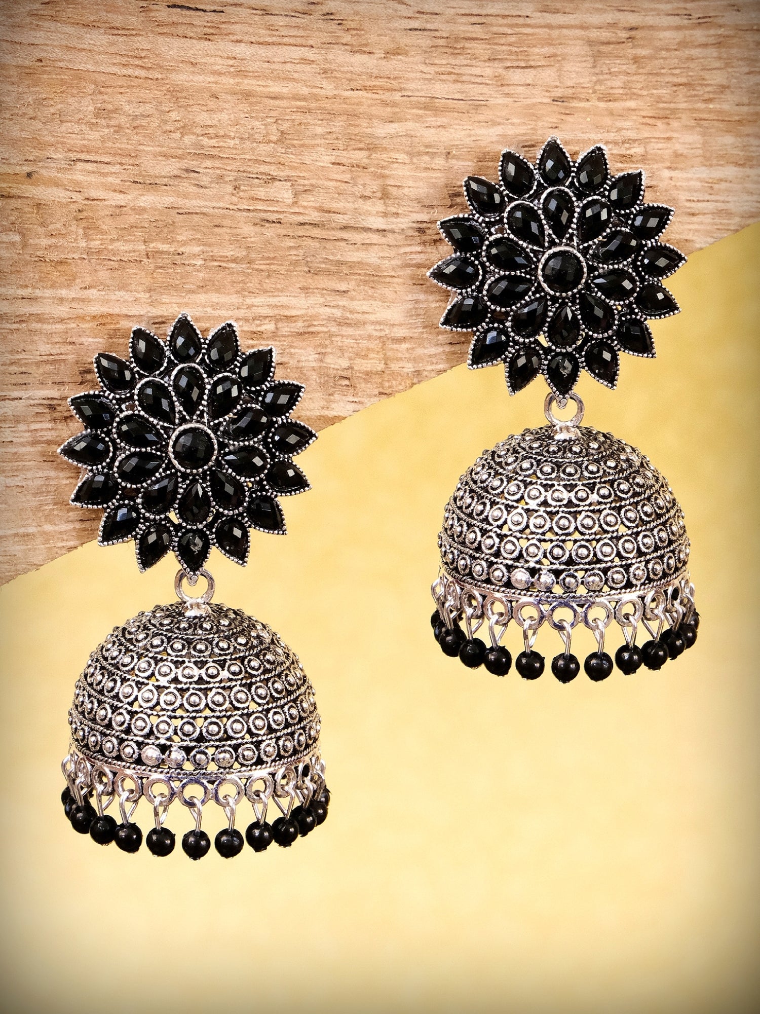 Nisha Oxidised Jhumkas - Oxidised Silver Floral Jhumki Earrings for Women