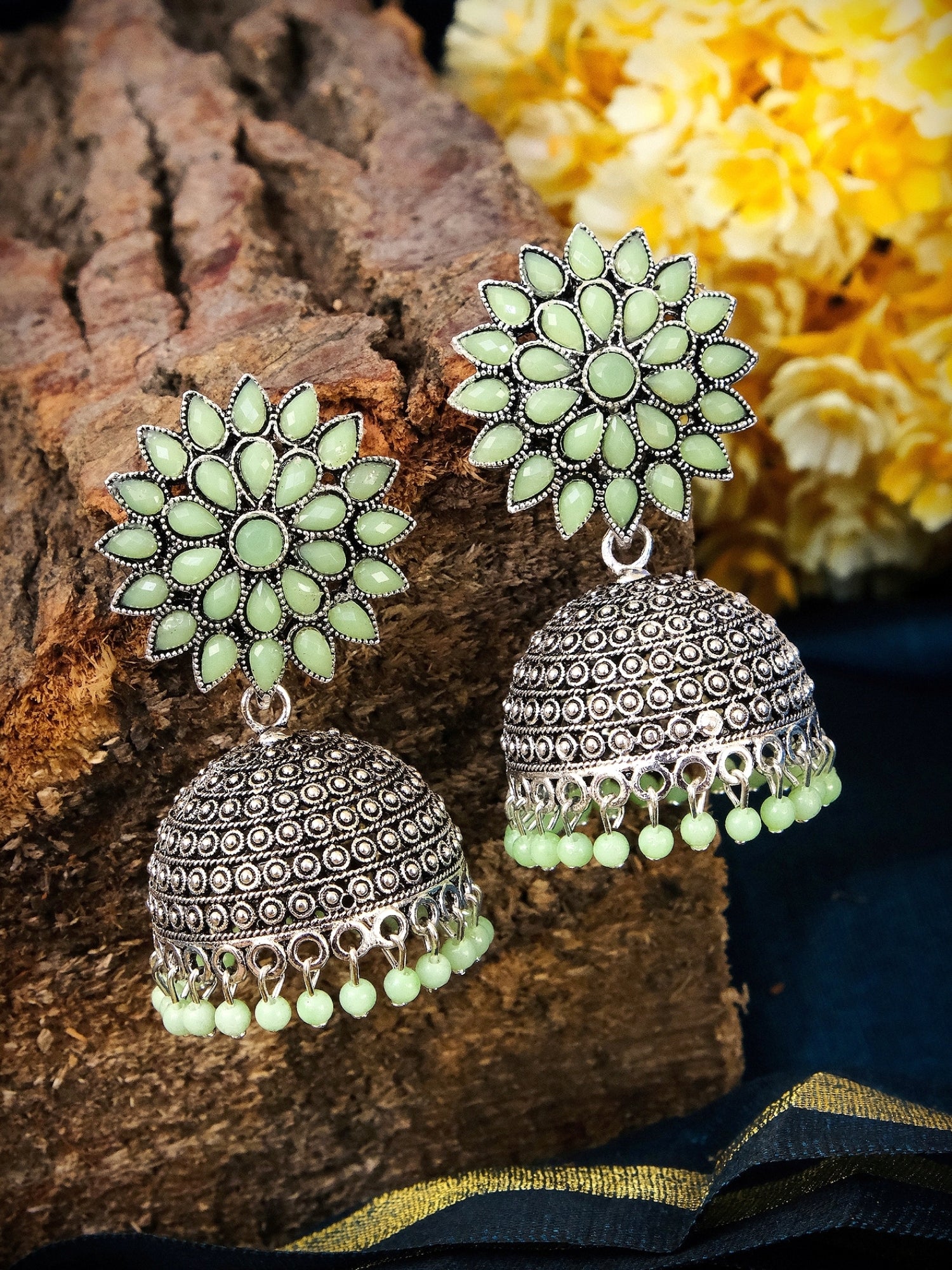 Nisha Oxidised Jhumkas - Oxidised Silver Floral Jhumki Earrings for Women