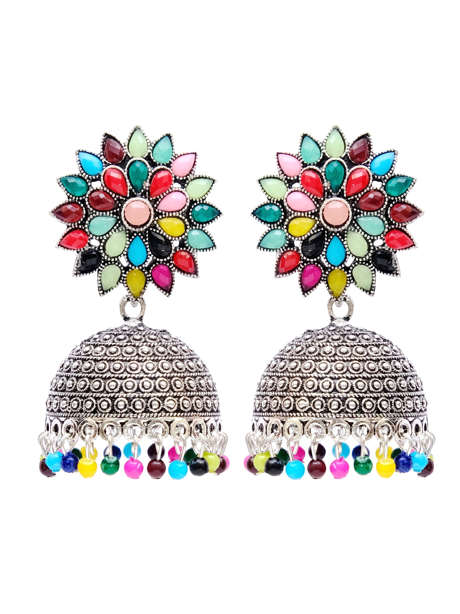 Nisha Oxidised Jhumkas - Oxidised Silver Floral Jhumki Earrings for Women
