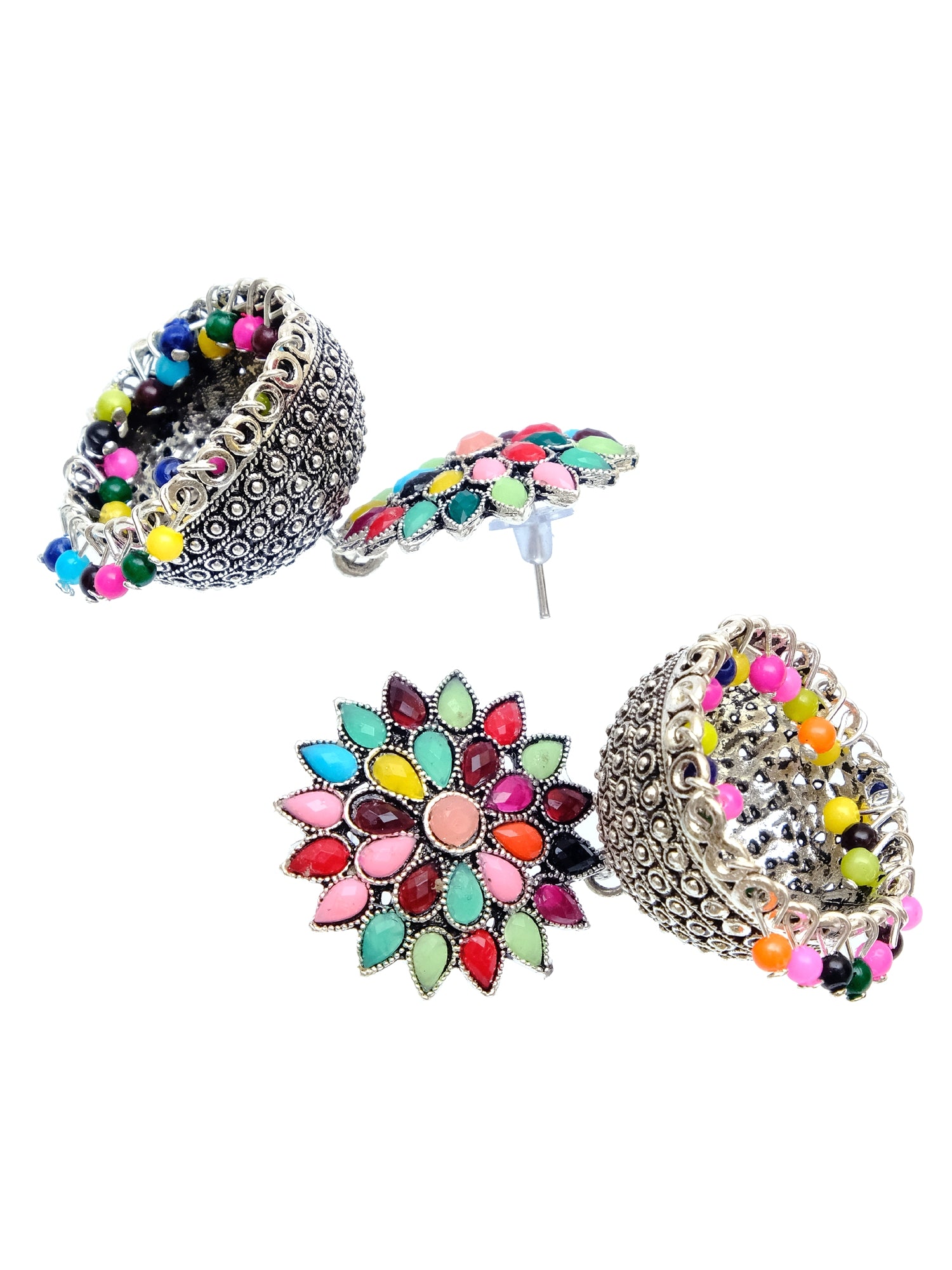 Nisha Oxidised Jhumkas - Oxidised Silver Floral Jhumki Earrings for Women