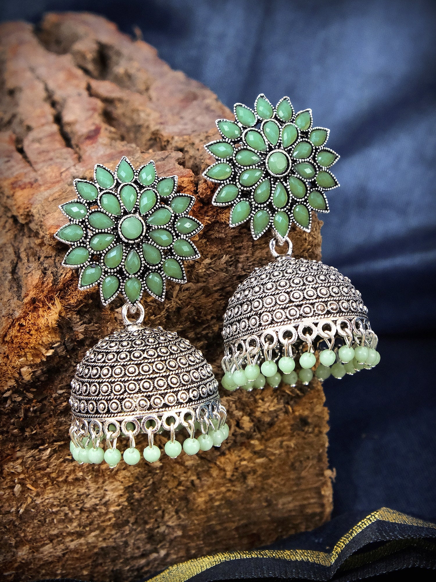 Nisha Oxidised Jhumkas - Oxidised Silver Floral Jhumki Earrings for Women