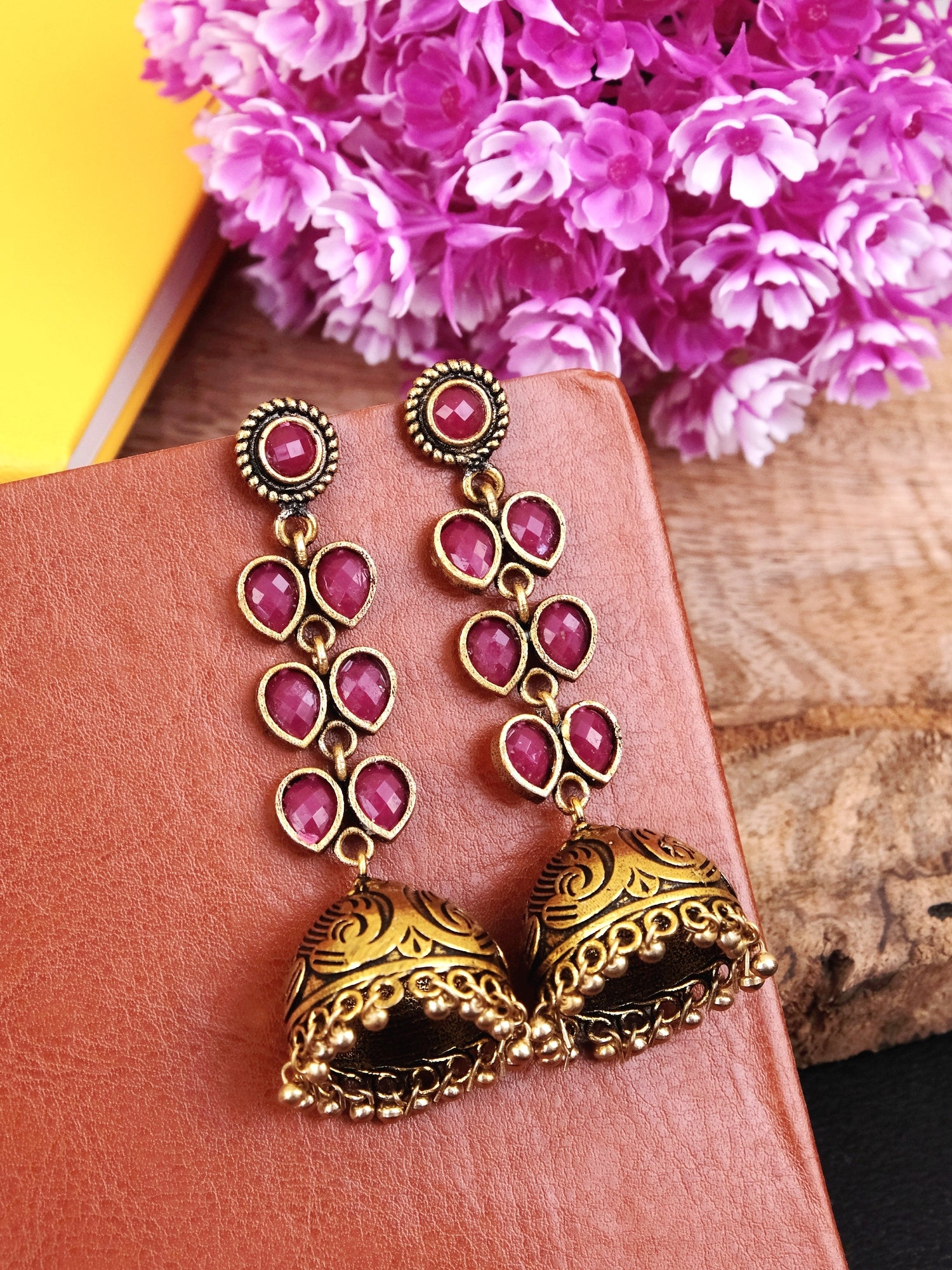 Exquisite Oxidised Silver Jhumka Earrings with Crystal Leaves Design