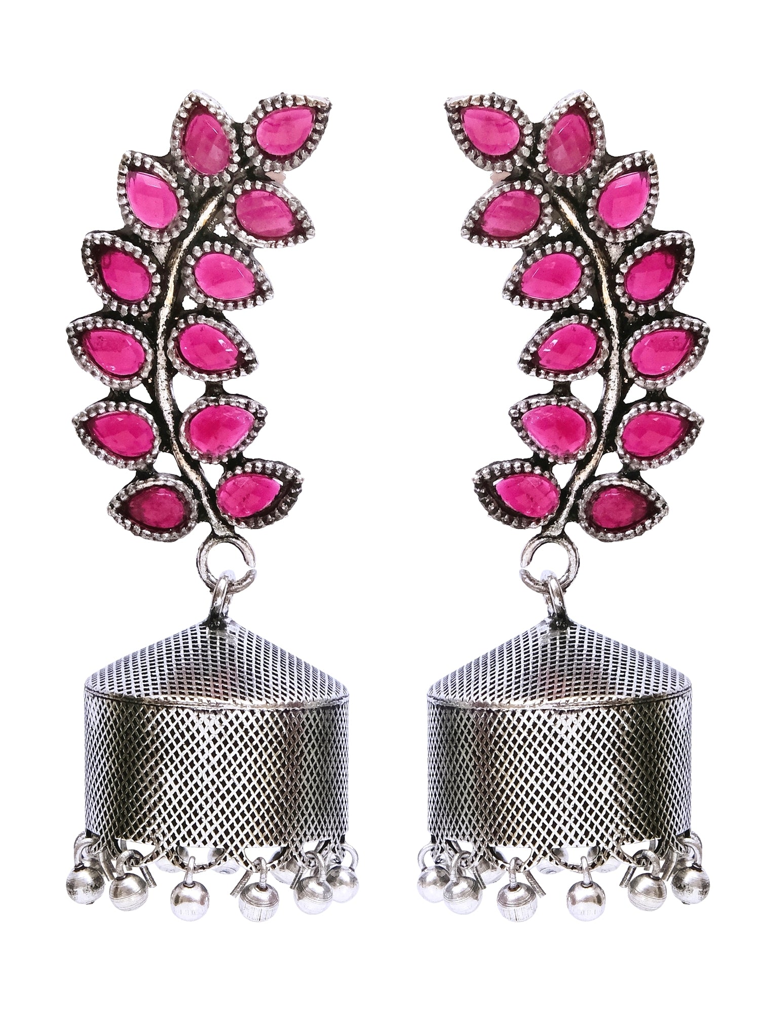 Fashionable Silver Plated Pink Jhumka Earrings - Oxidised Silver Jhumkas for Women