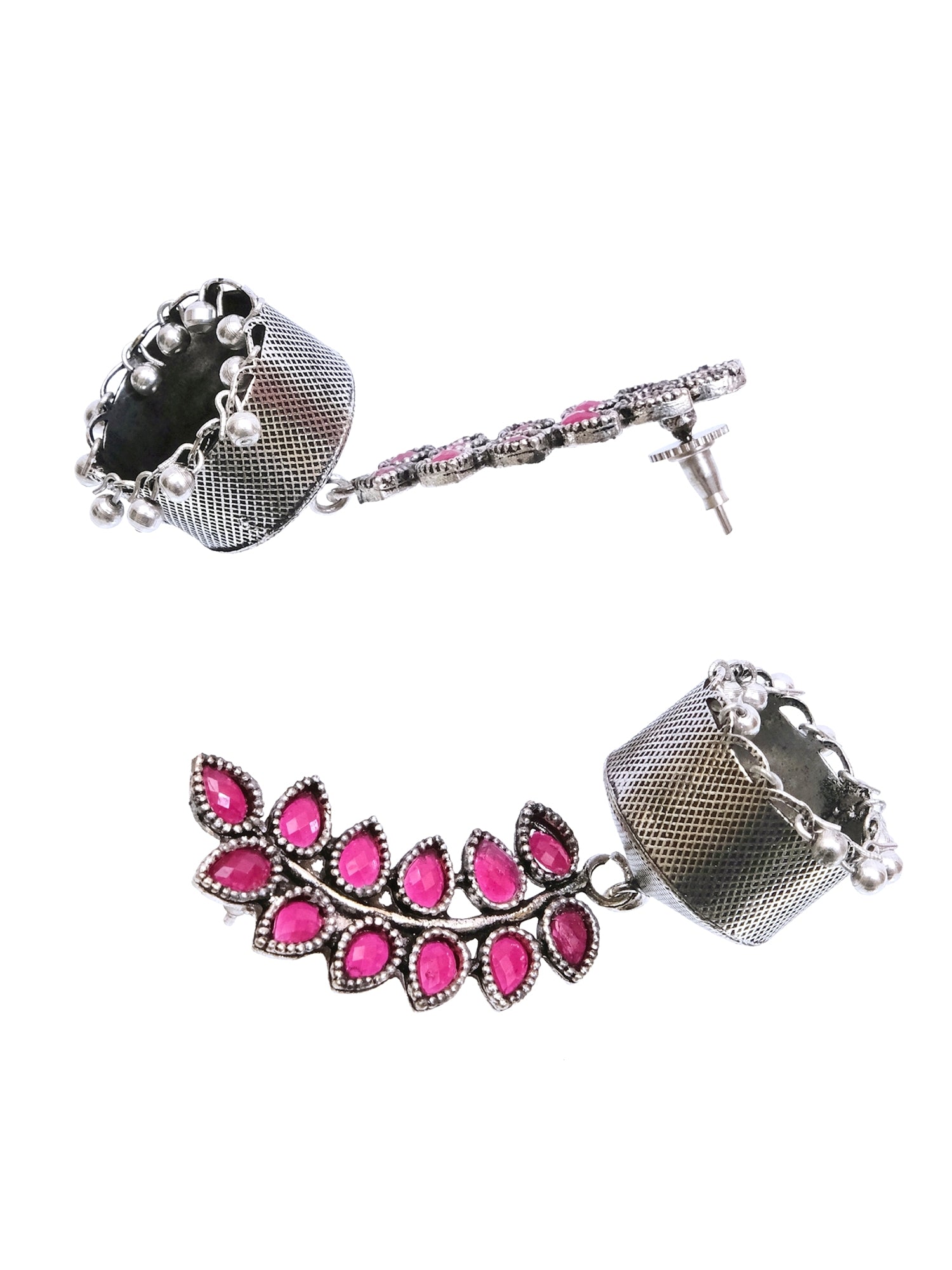 Fashionable Silver Plated Pink Jhumka Earrings - Oxidised Silver Jhumkas for Women