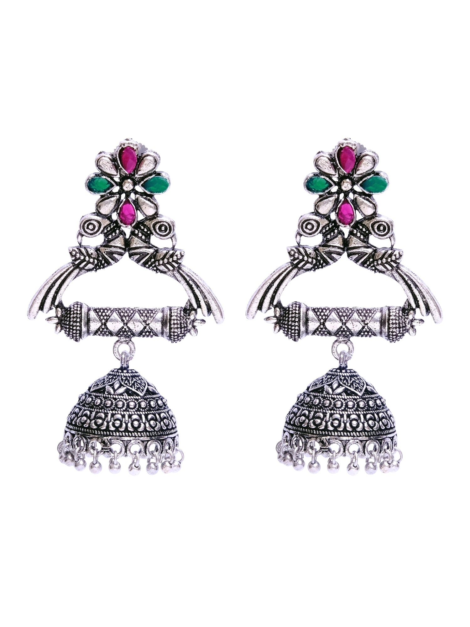 Oxidised German Silver Jhumkas: Unique Green-Pink Earrings for Girls and Women