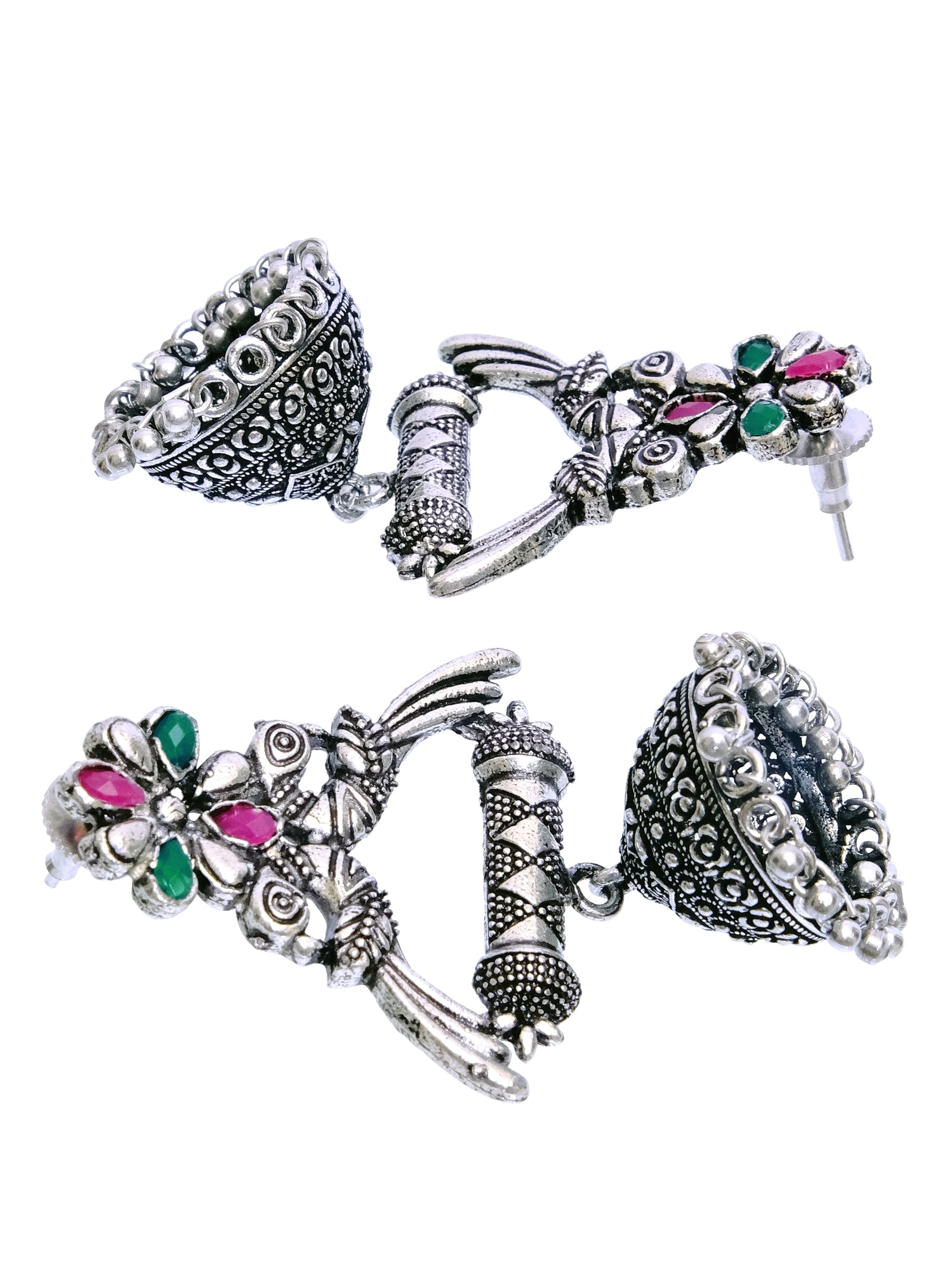 Oxidised German Silver Jhumkas: Unique Green-Pink Earrings for Girls and Women