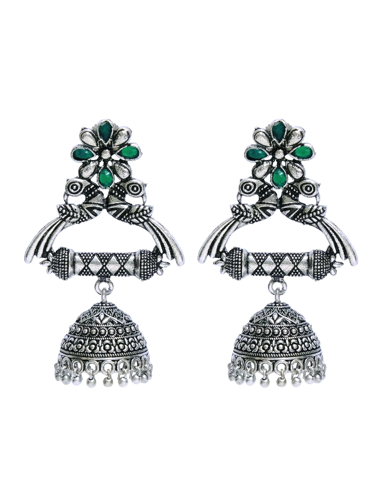 Oxidised German Silver Jhumkas: Unique Green-Pink Earrings for Girls and Women