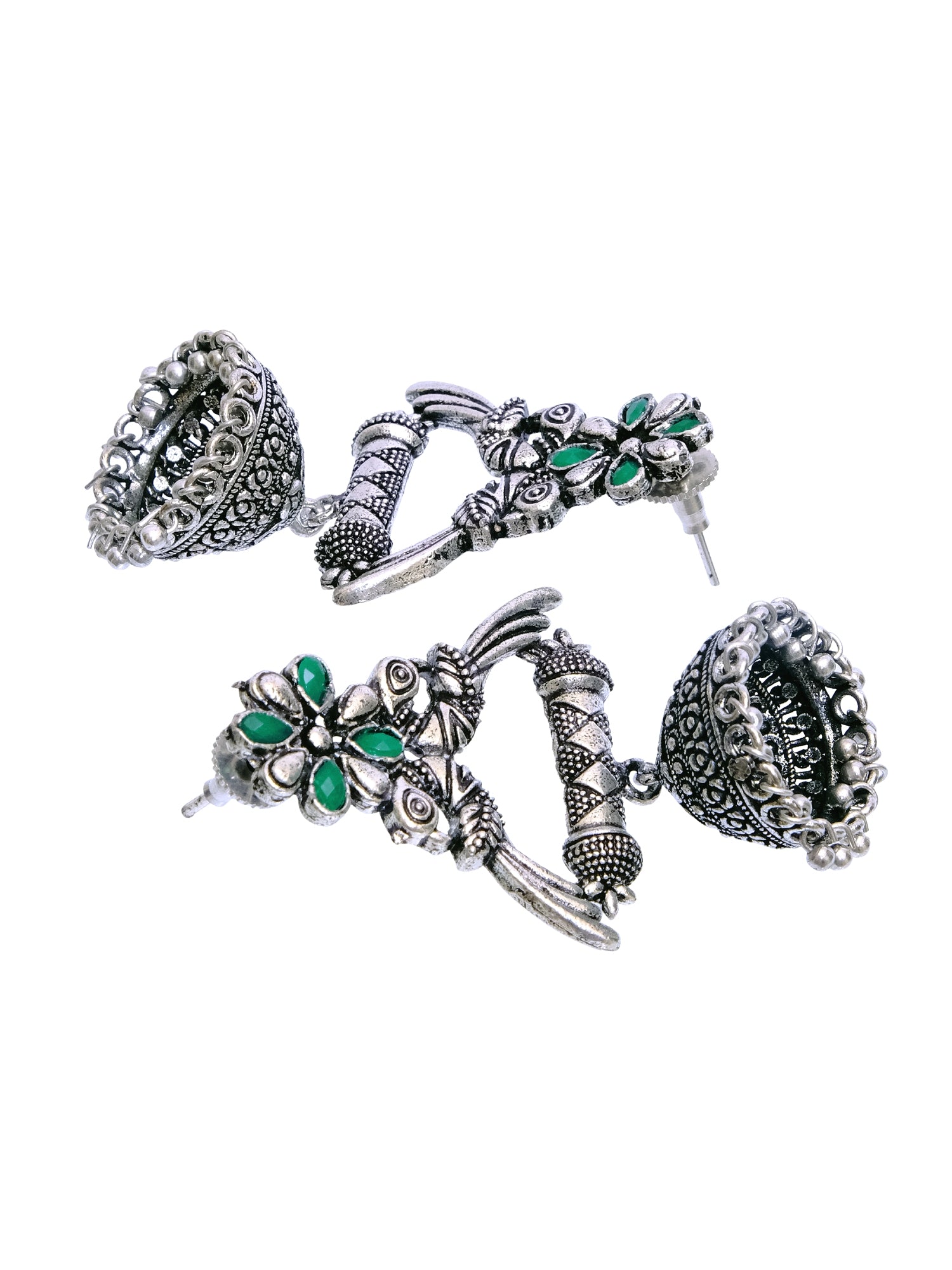 Oxidised German Silver Jhumkas: Unique Green-Pink Earrings for Girls and Women