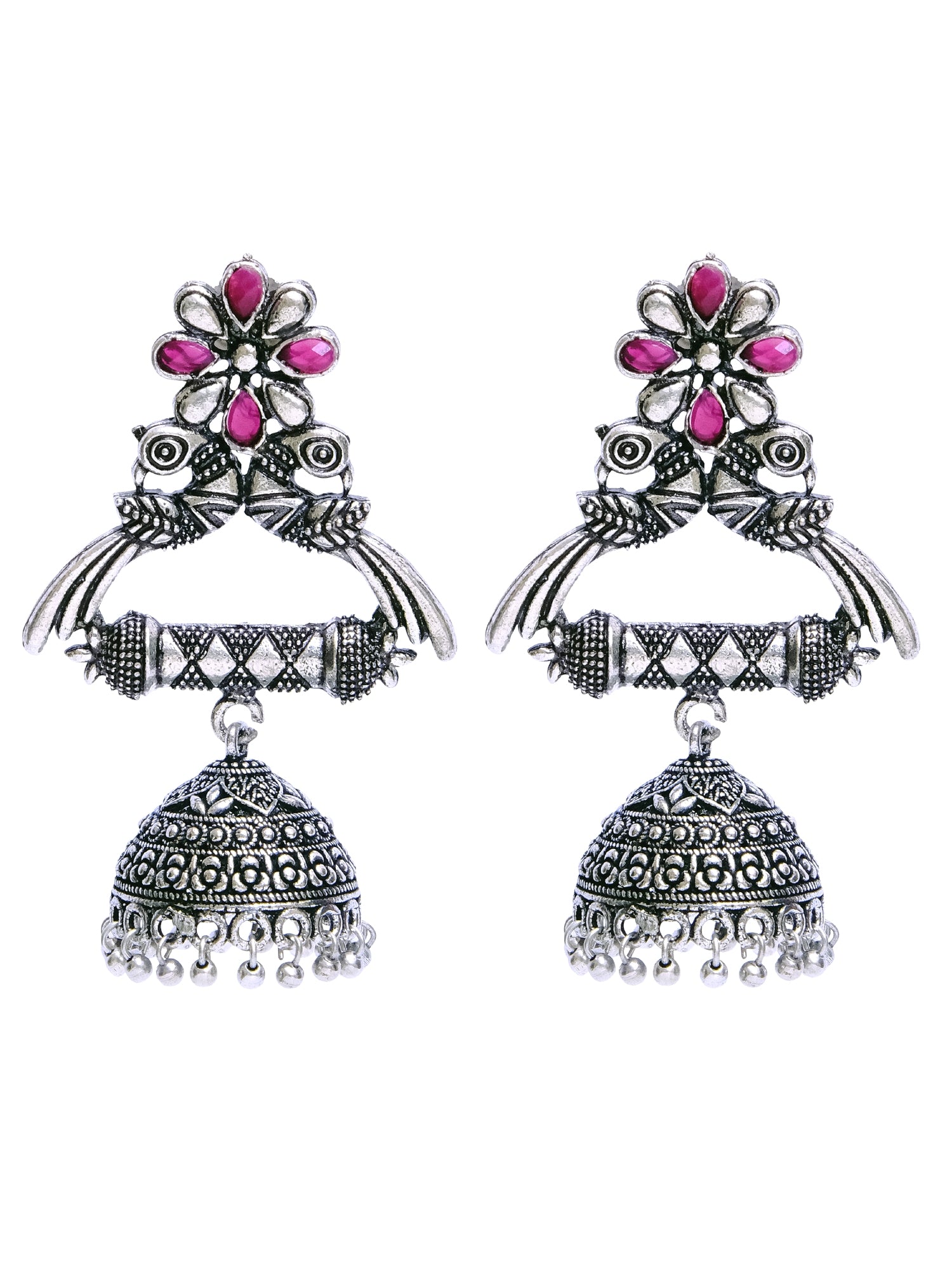 Oxidised German Silver Jhumkas: Unique Green-Pink Earrings for Girls and Women