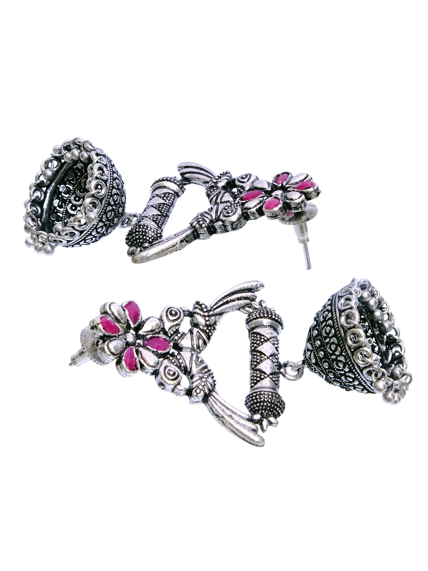 Oxidised German Silver Jhumkas: Unique Green-Pink Earrings for Girls and Women