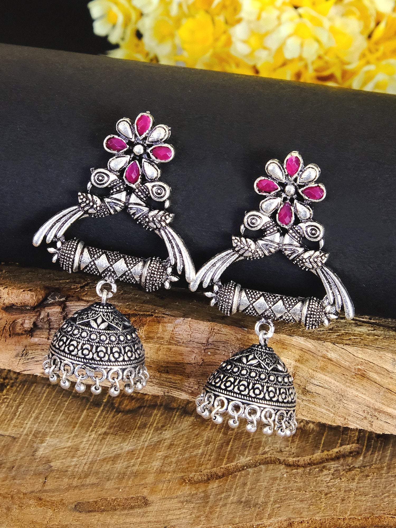 Oxidised German Silver Jhumkas: Unique Green-Pink Earrings for Girls and Women