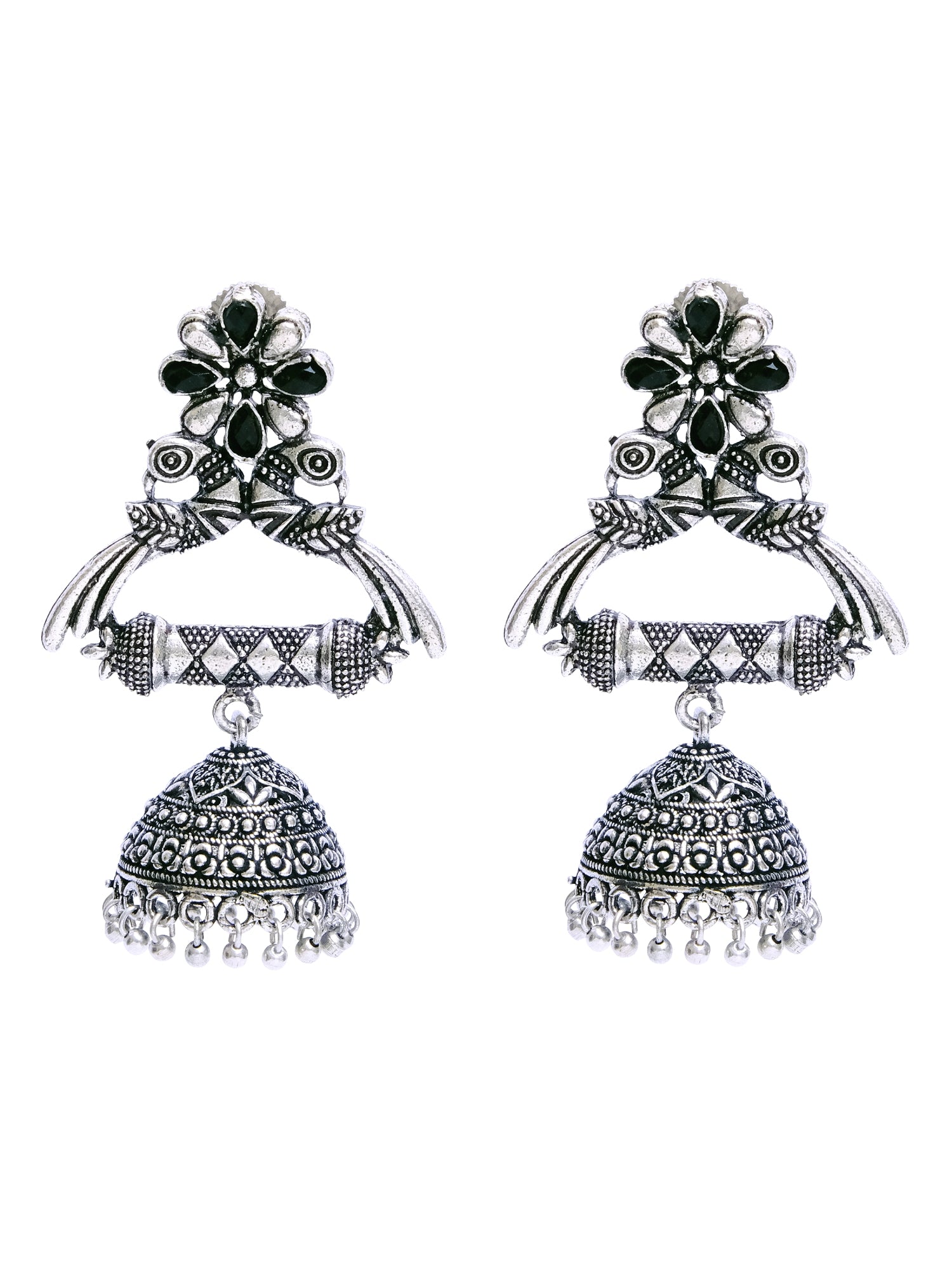 Oxidised German Silver Jhumkas: Unique Green-Pink Earrings for Girls and Women