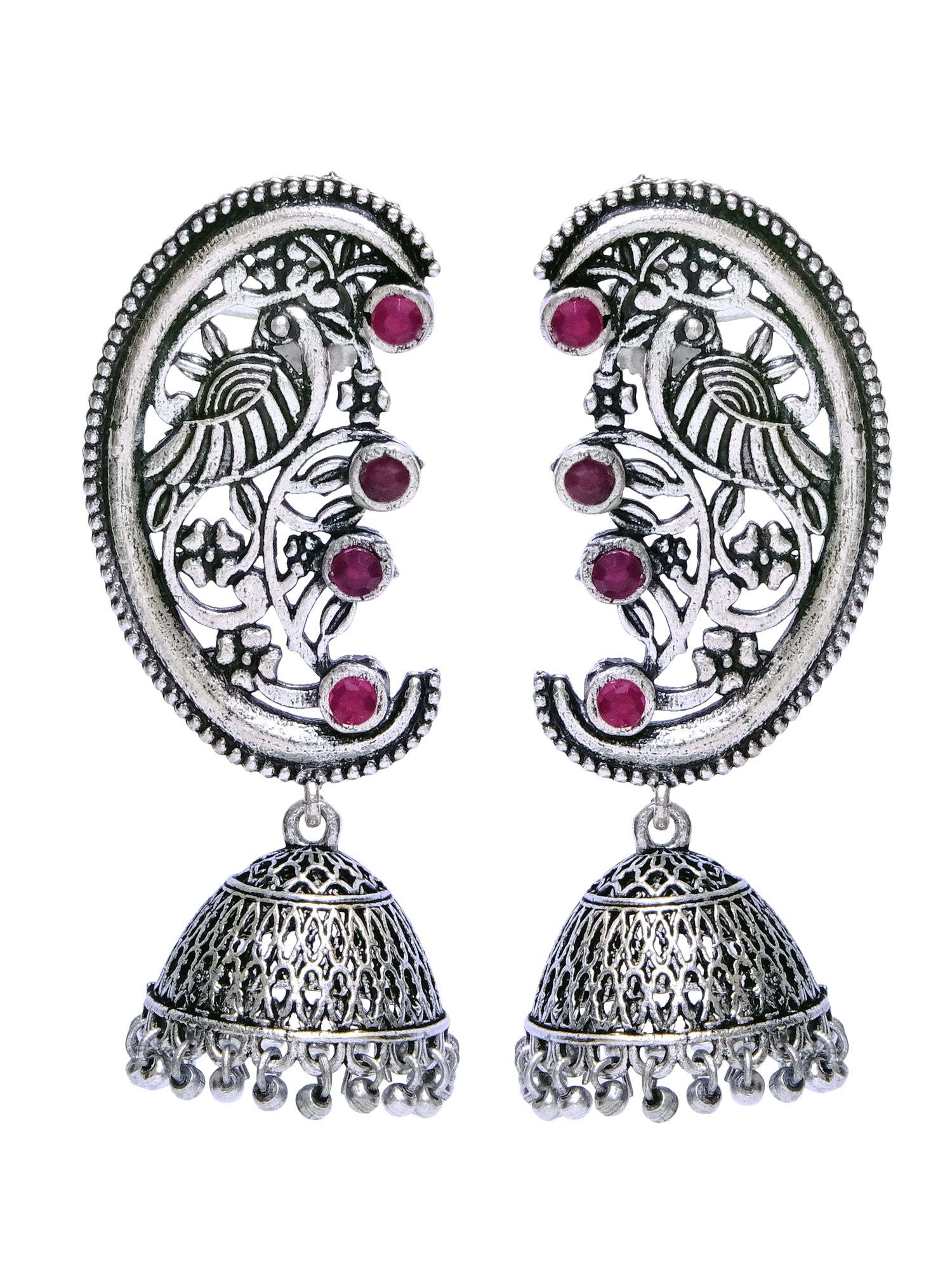 Antique Oxidized German Silver Pink Stone Jhumka Earrings for Women