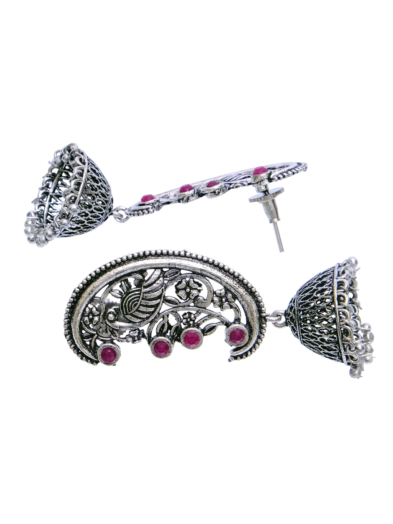 Antique Oxidized German Silver Pink Stone Jhumka Earrings for Women