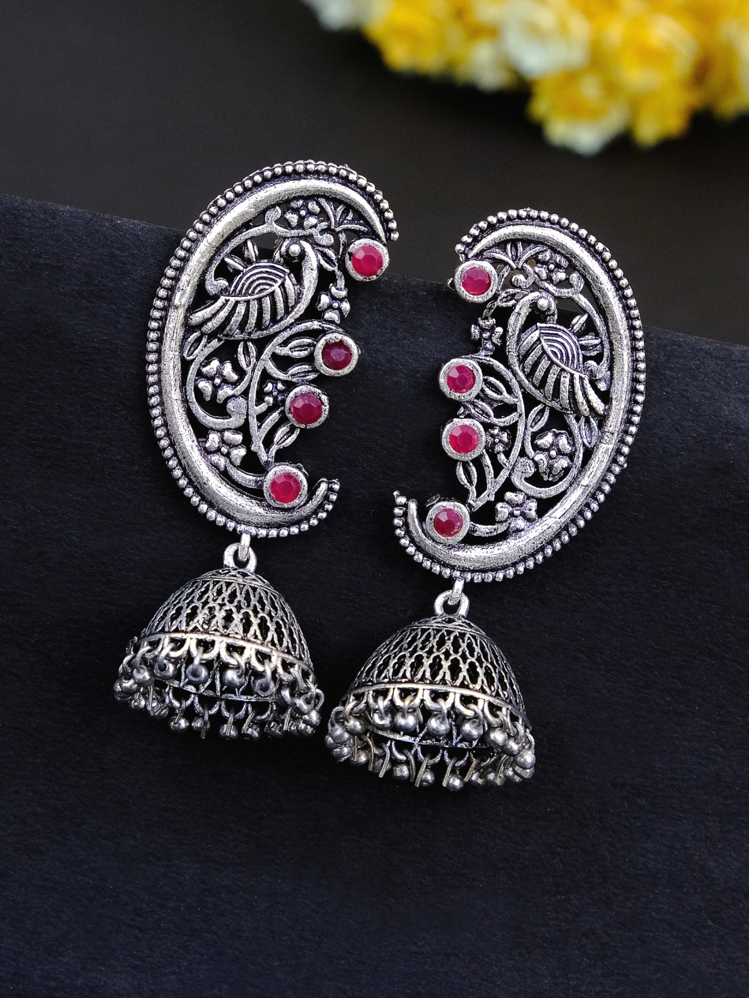 Antique Oxidized German Silver Pink Stone Jhumka Earrings for Women