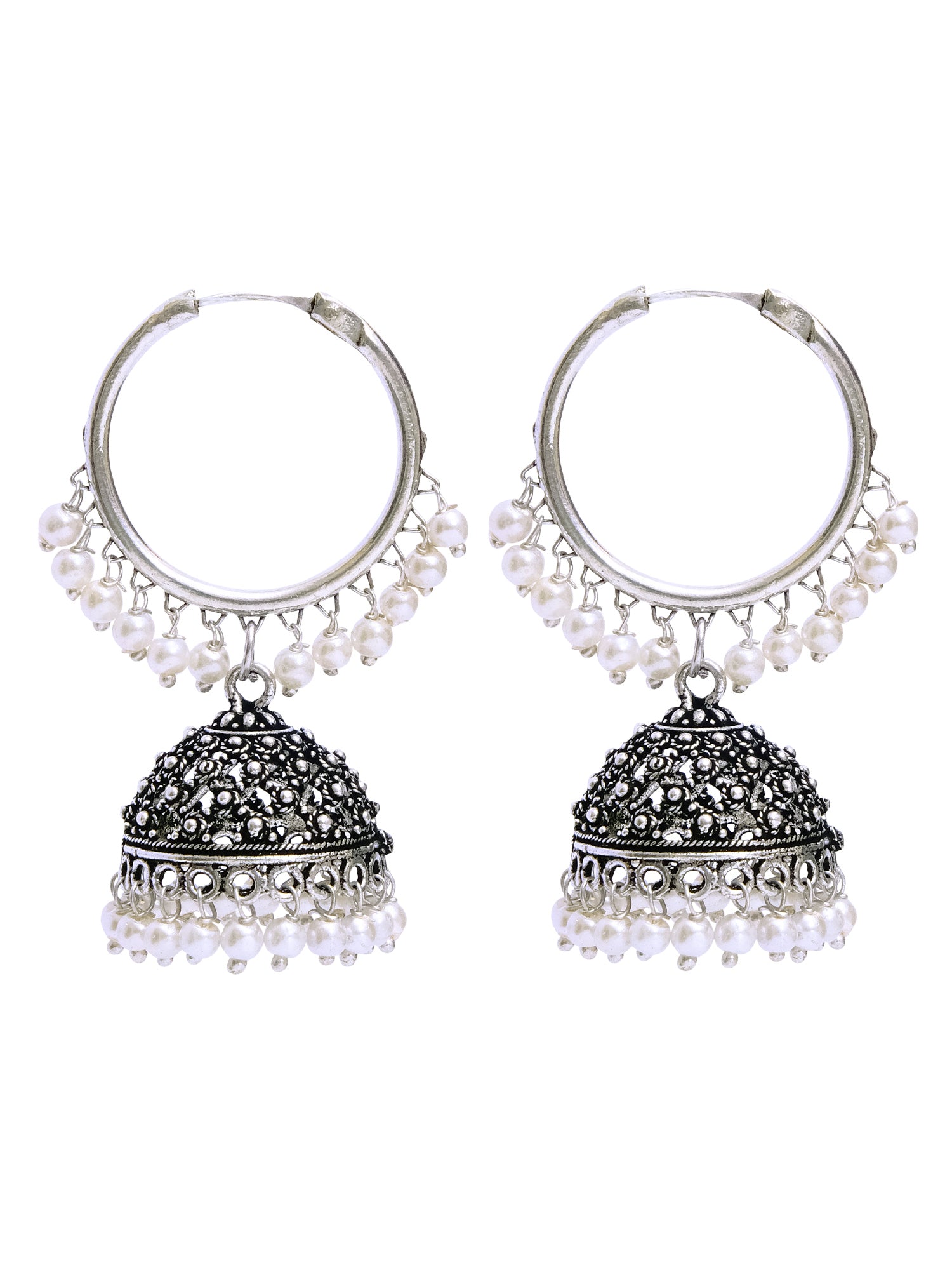 Indian Royal Style Oxidized Silver Jhumki with White Pearls Hoop Jhumka Earrings