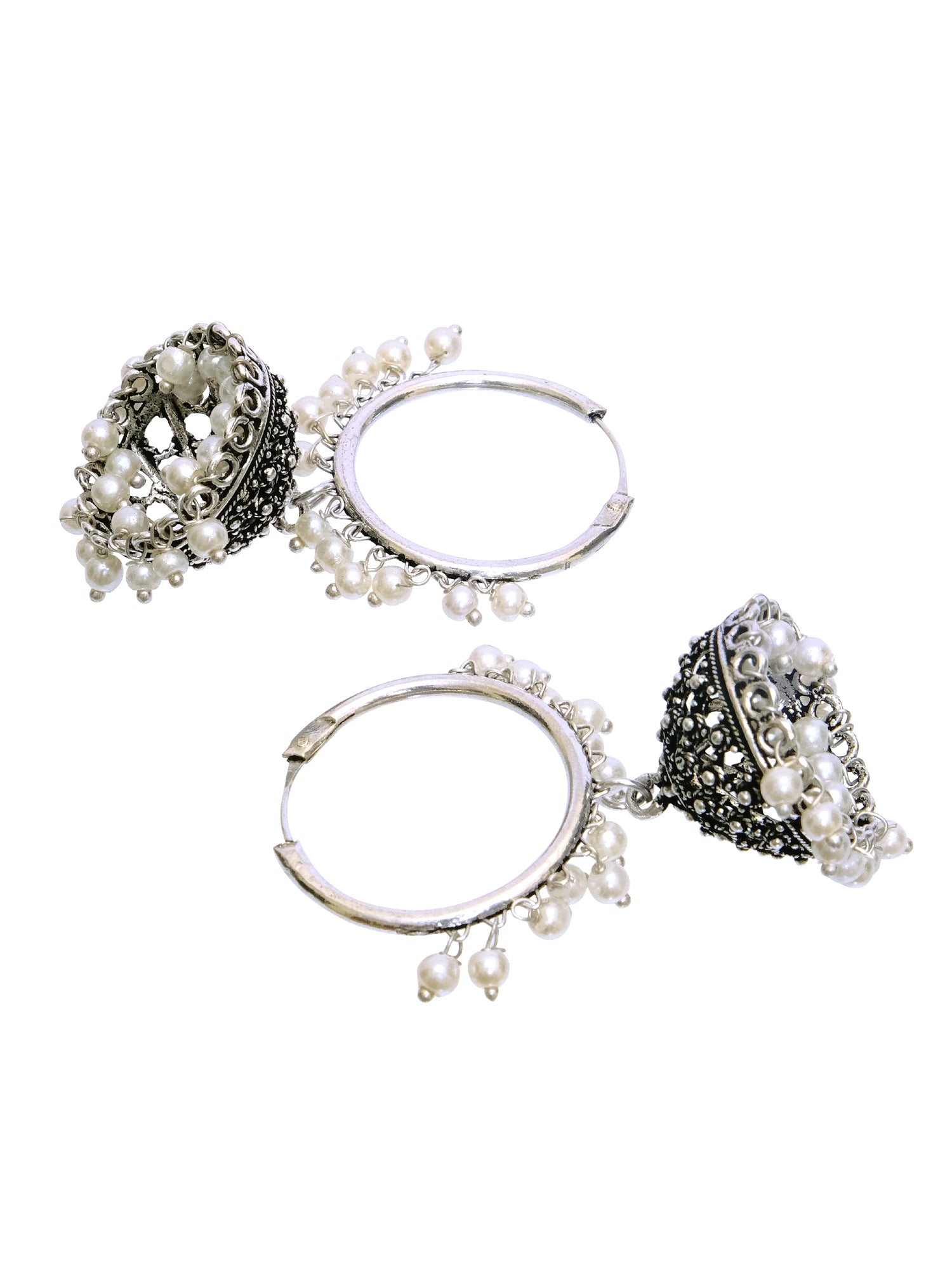 Indian Royal Style Oxidized Silver Jhumki with White Pearls Hoop Jhumka Earrings