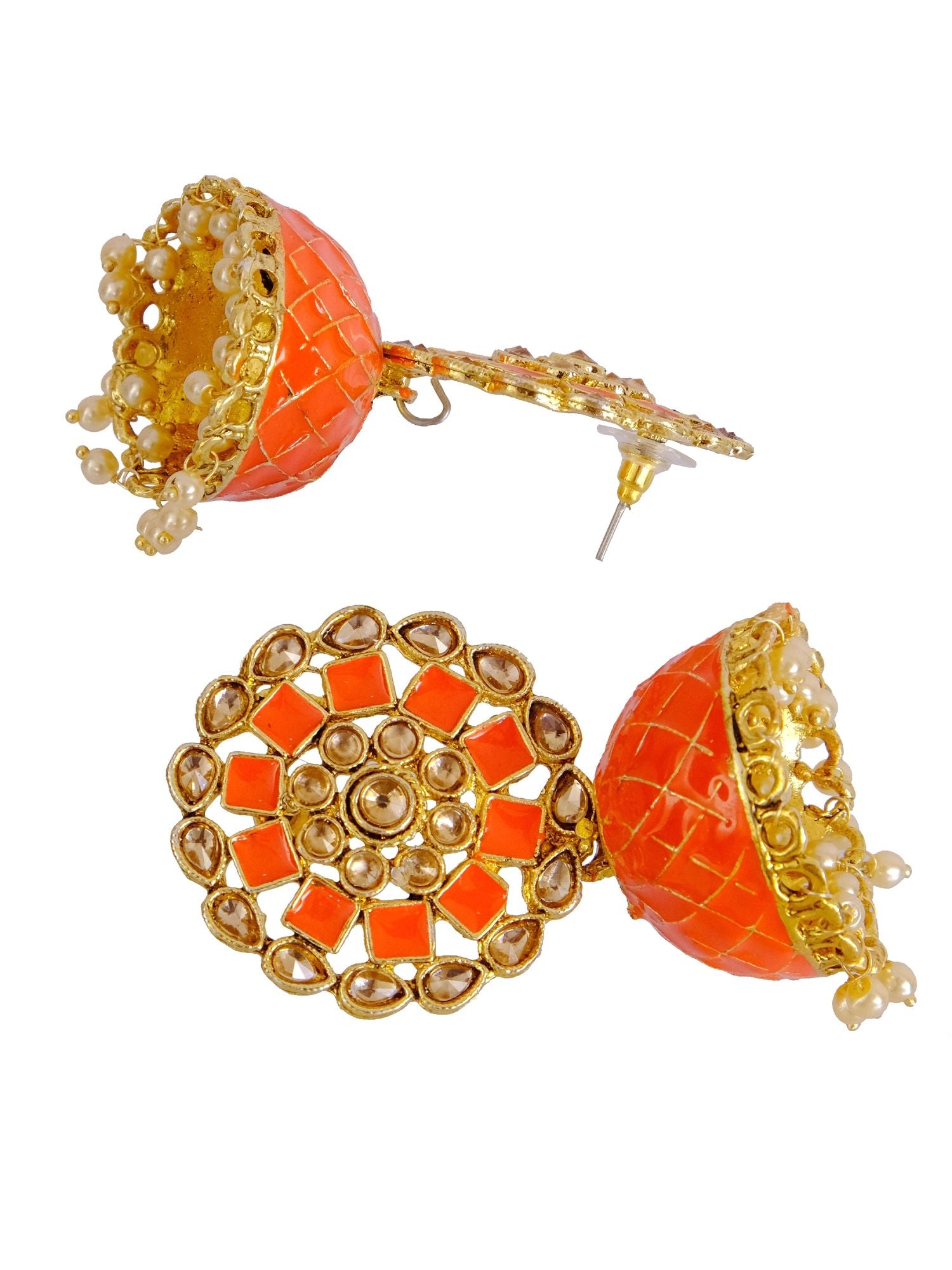 Traditional Gold Plated Orange Meenakari Pearl Jhumka Earrings for Parties & Weddings