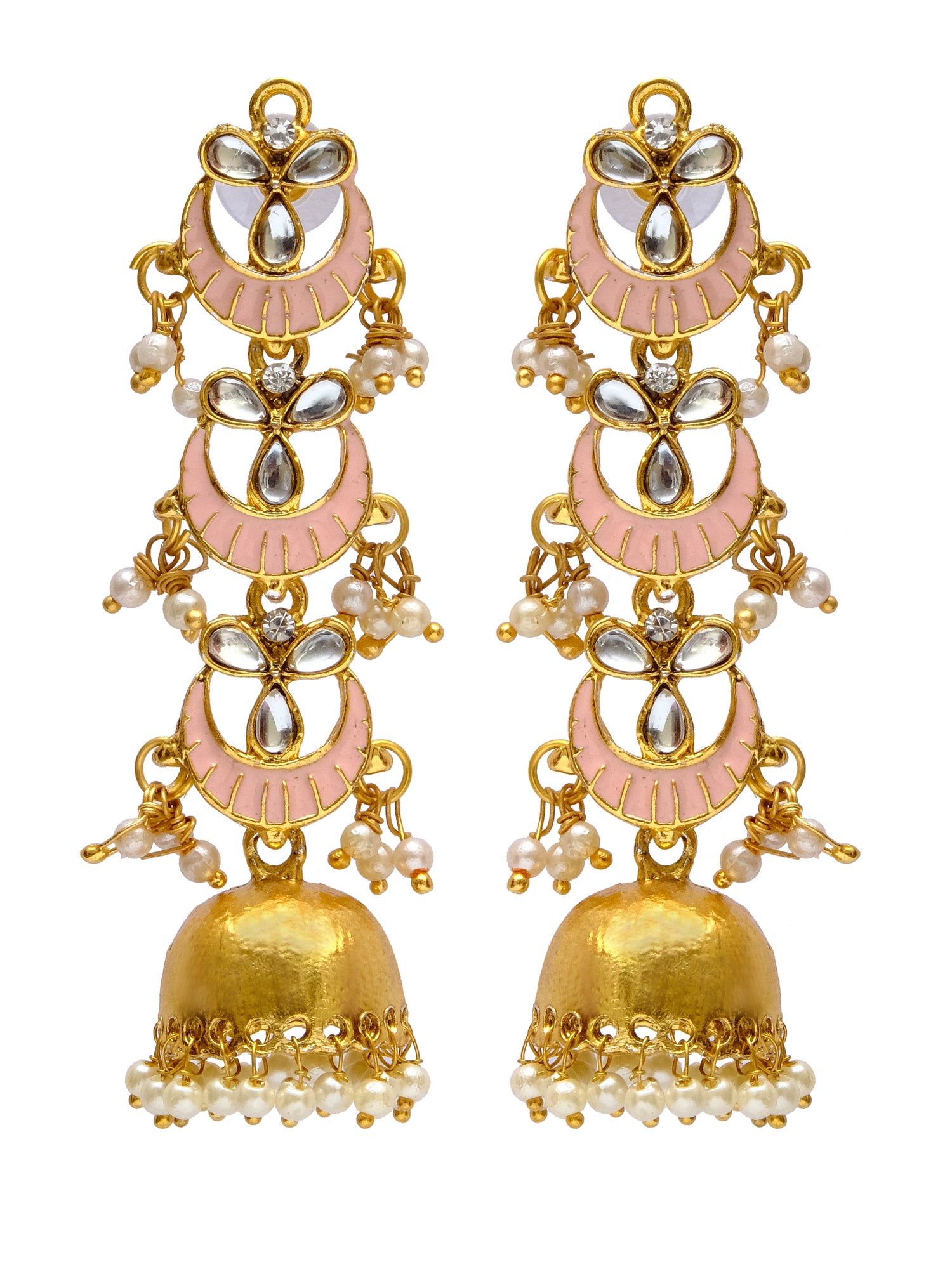 Long Pink Jhumka Earrings with Floral Design, Gold Plated and White Pearls