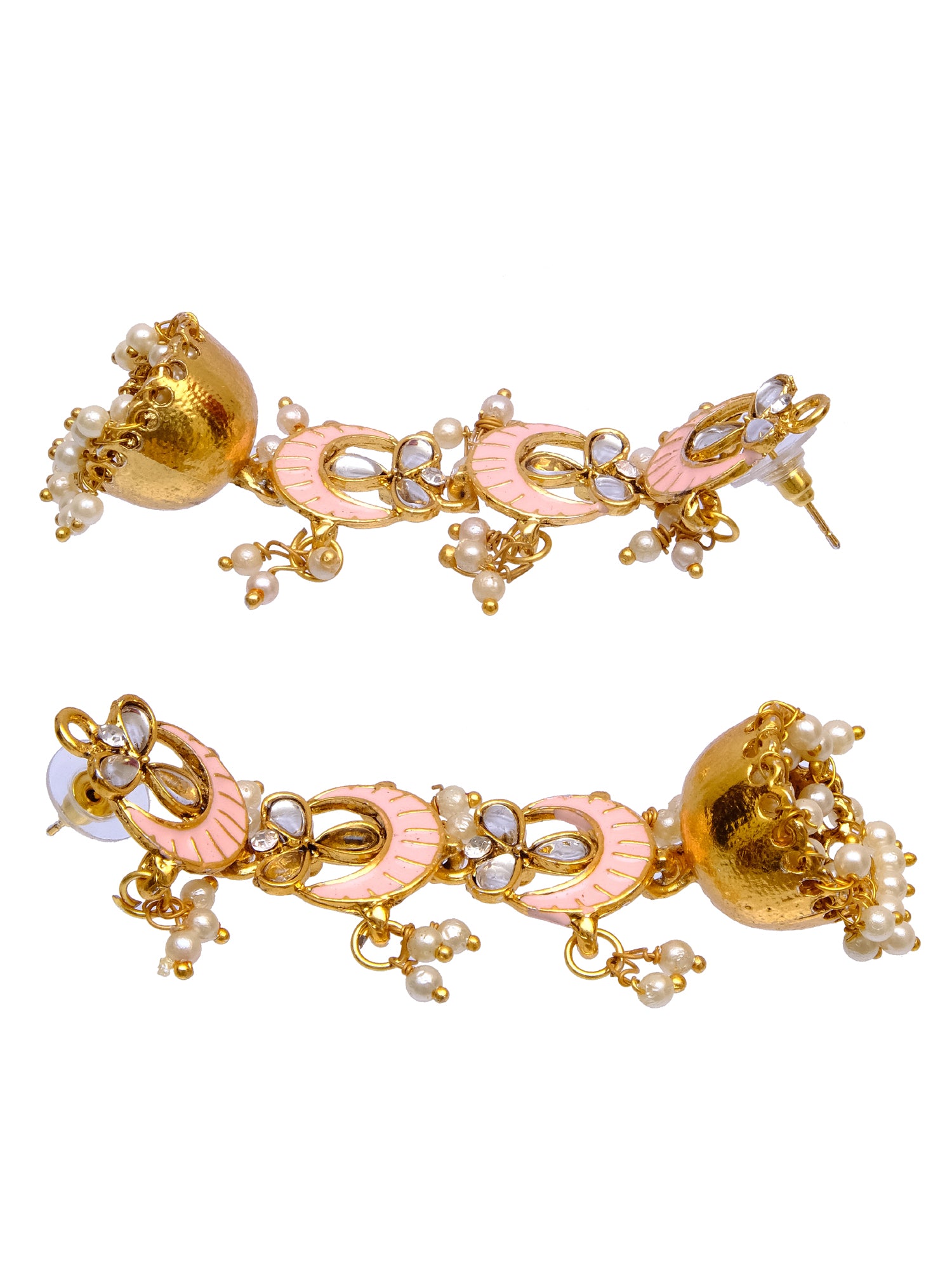 Long Pink Jhumka Earrings with Floral Design, Gold Plated and White Pearls