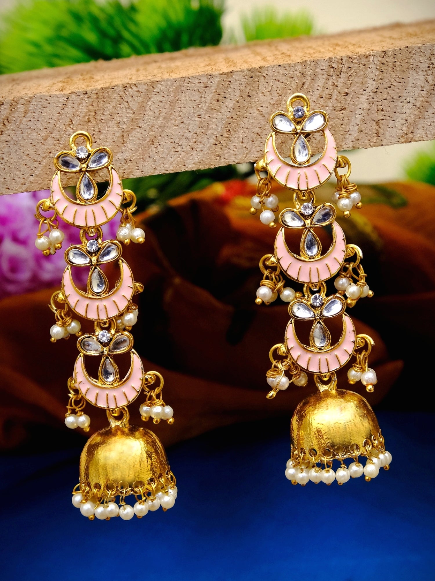 Long Pink Jhumka Earrings with Floral Design, Gold Plated and White Pearls