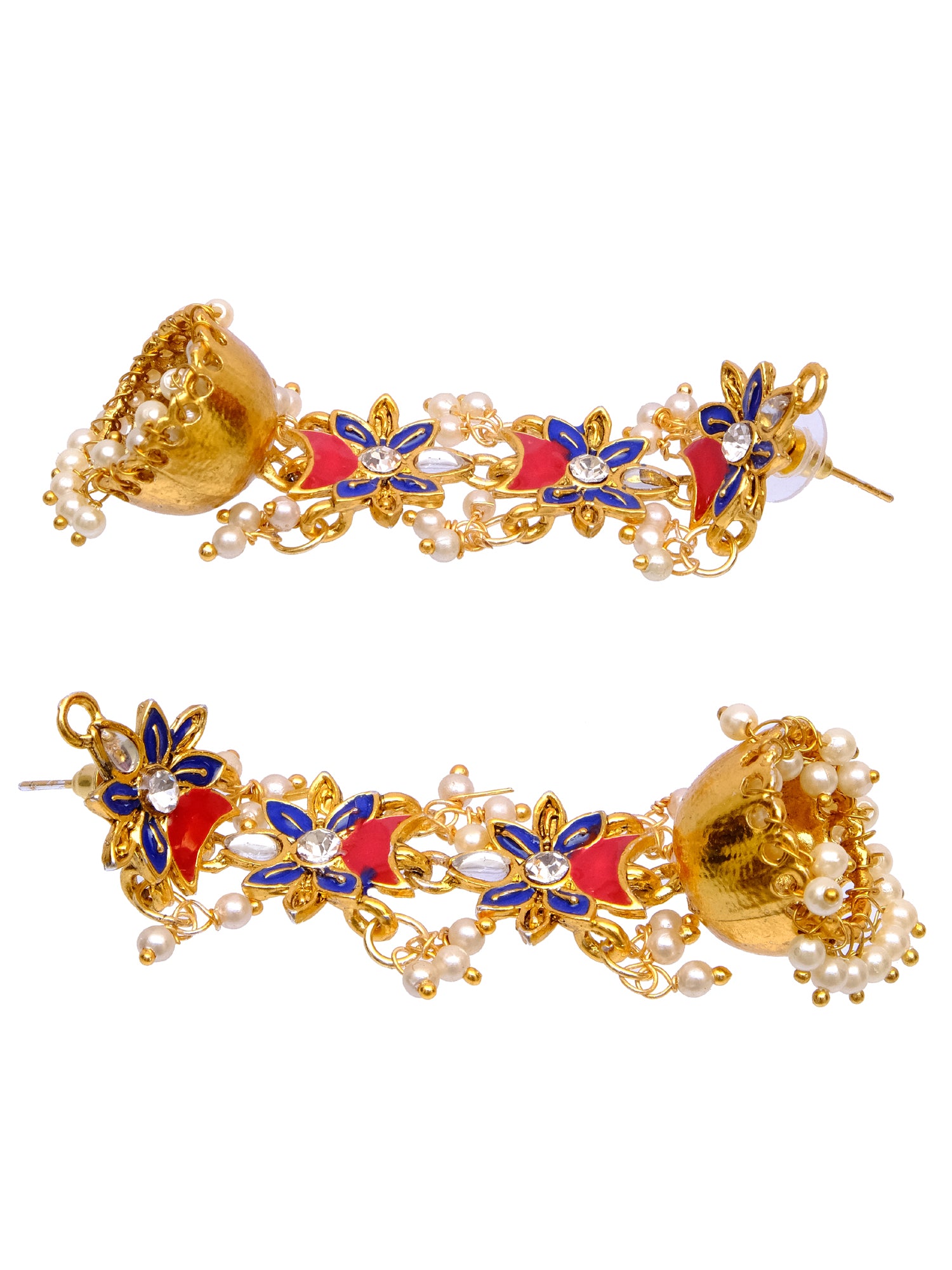 Traditional Long Floral Gold Plated Jhumka Earrings with White Pearls for Women