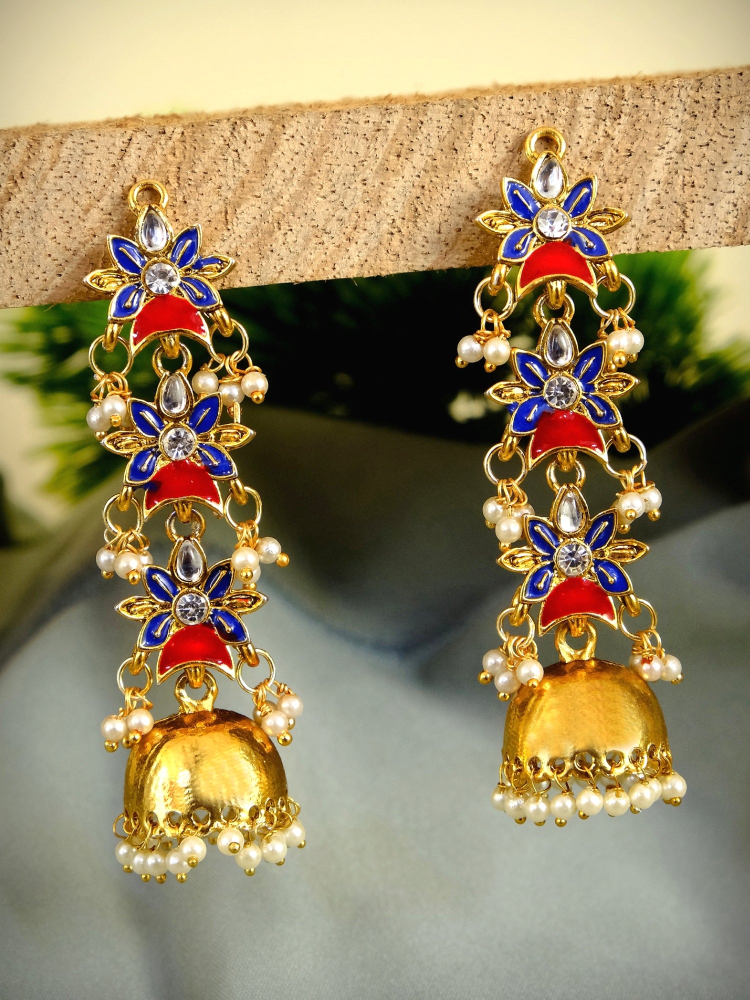 Traditional Long Floral Gold Plated Jhumka Earrings with White Pearls for Women