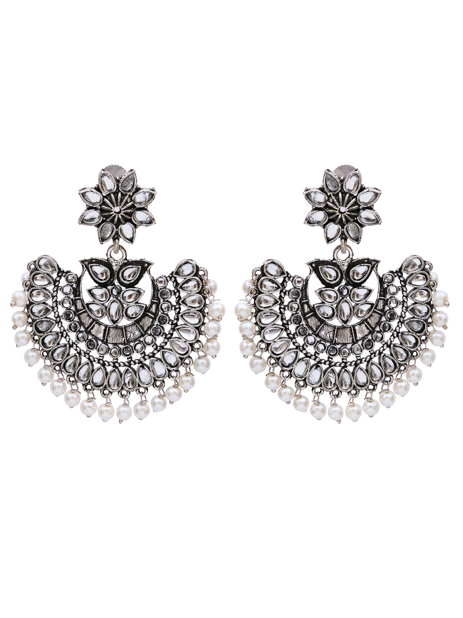 Oxidised Silver Kundan Pearl Chandbali Earrings for Women