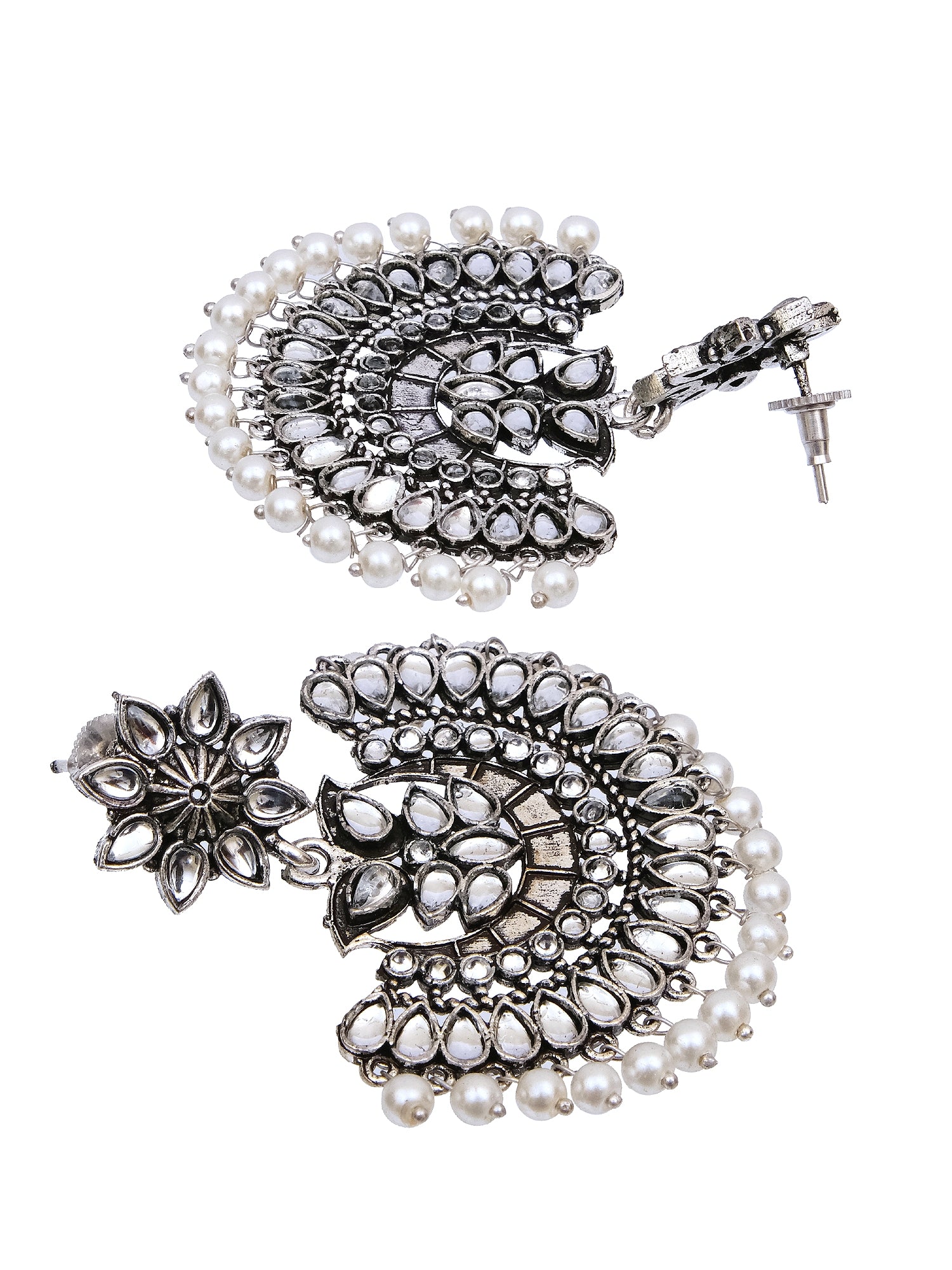 Oxidised Silver Kundan Pearl Chandbali Earrings for Women