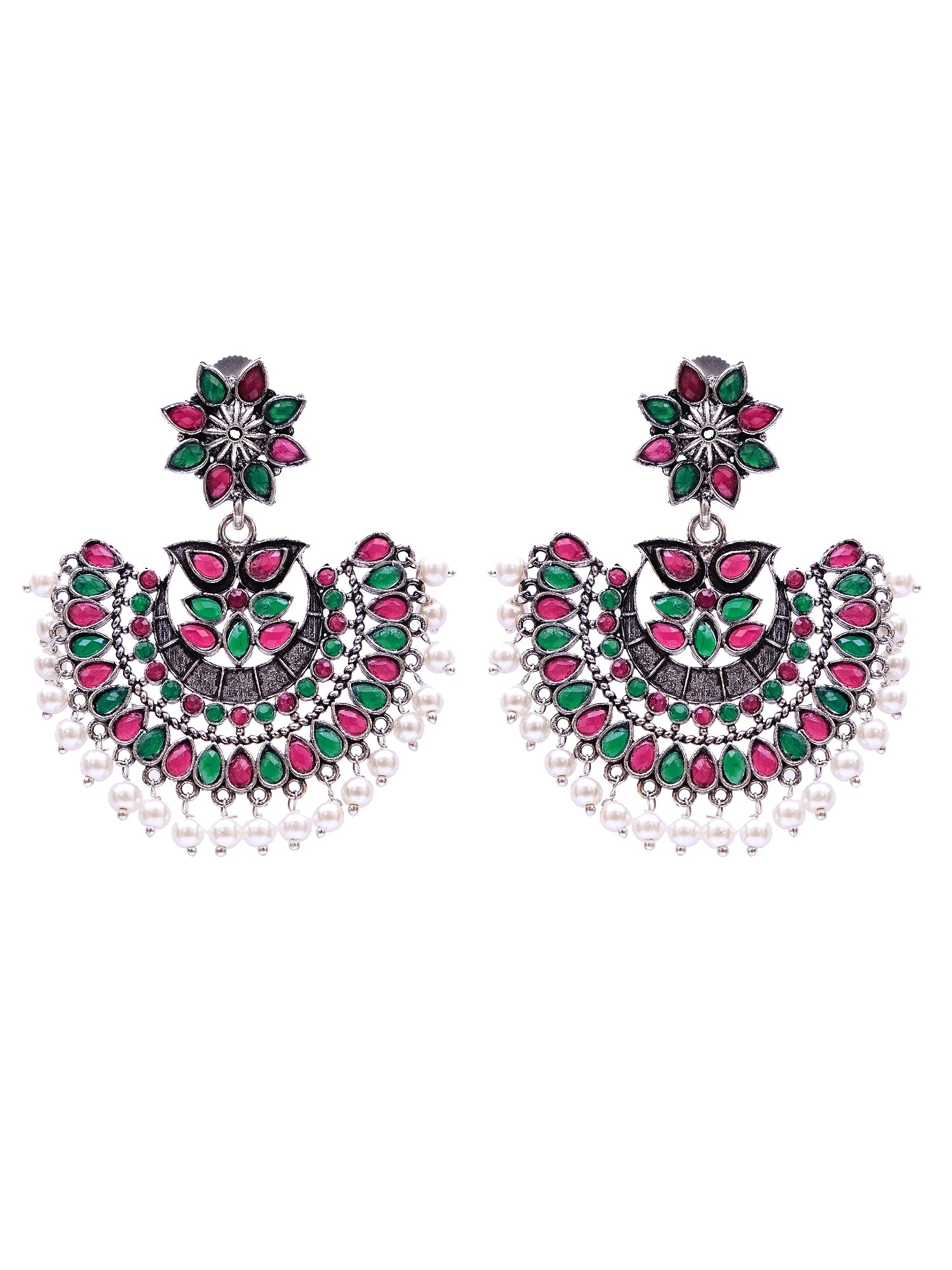 Oxidised Silver Kundan Pearl Chandbali Earrings for Women