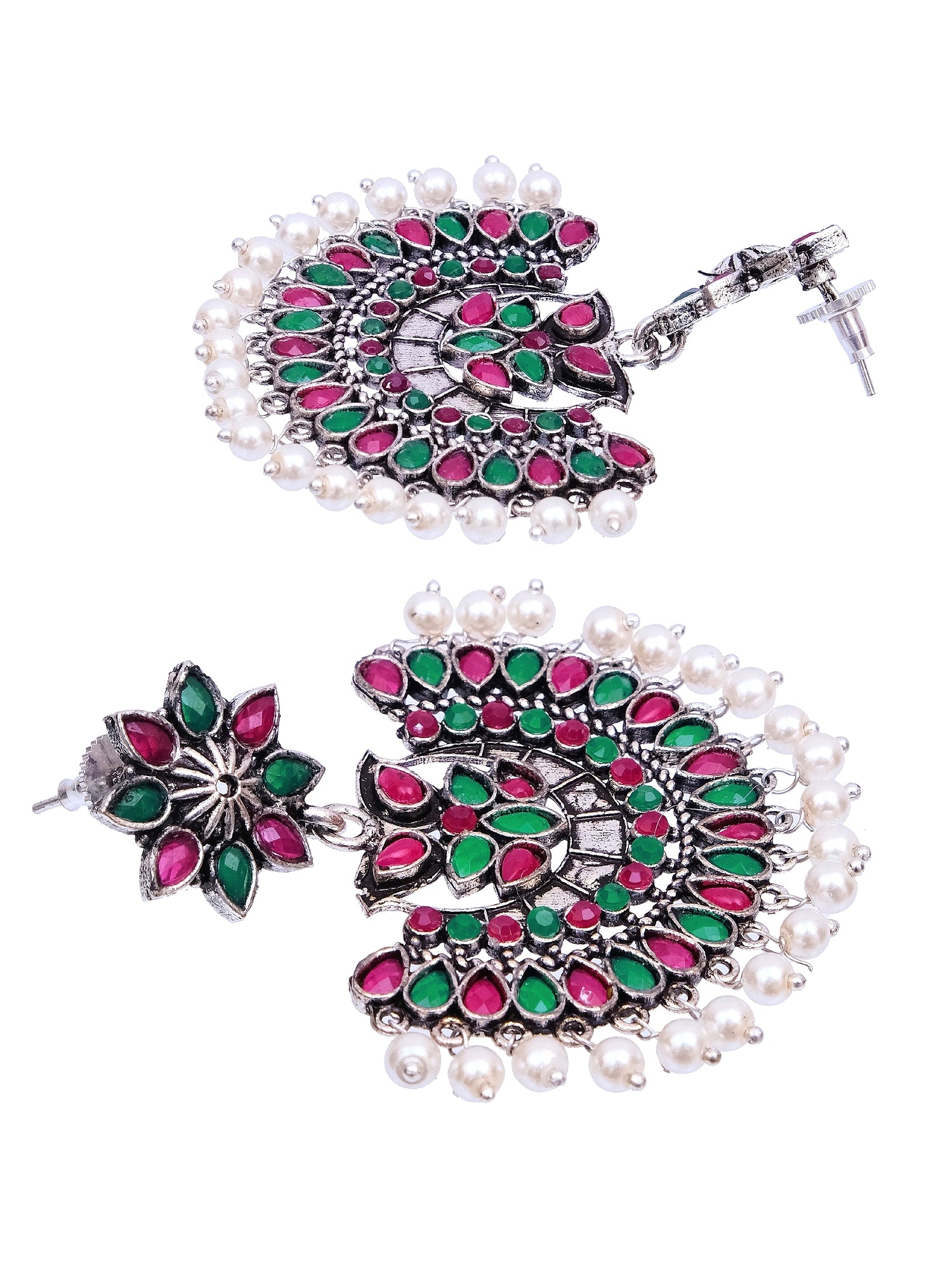 Oxidised Silver Kundan Pearl Chandbali Earrings for Women