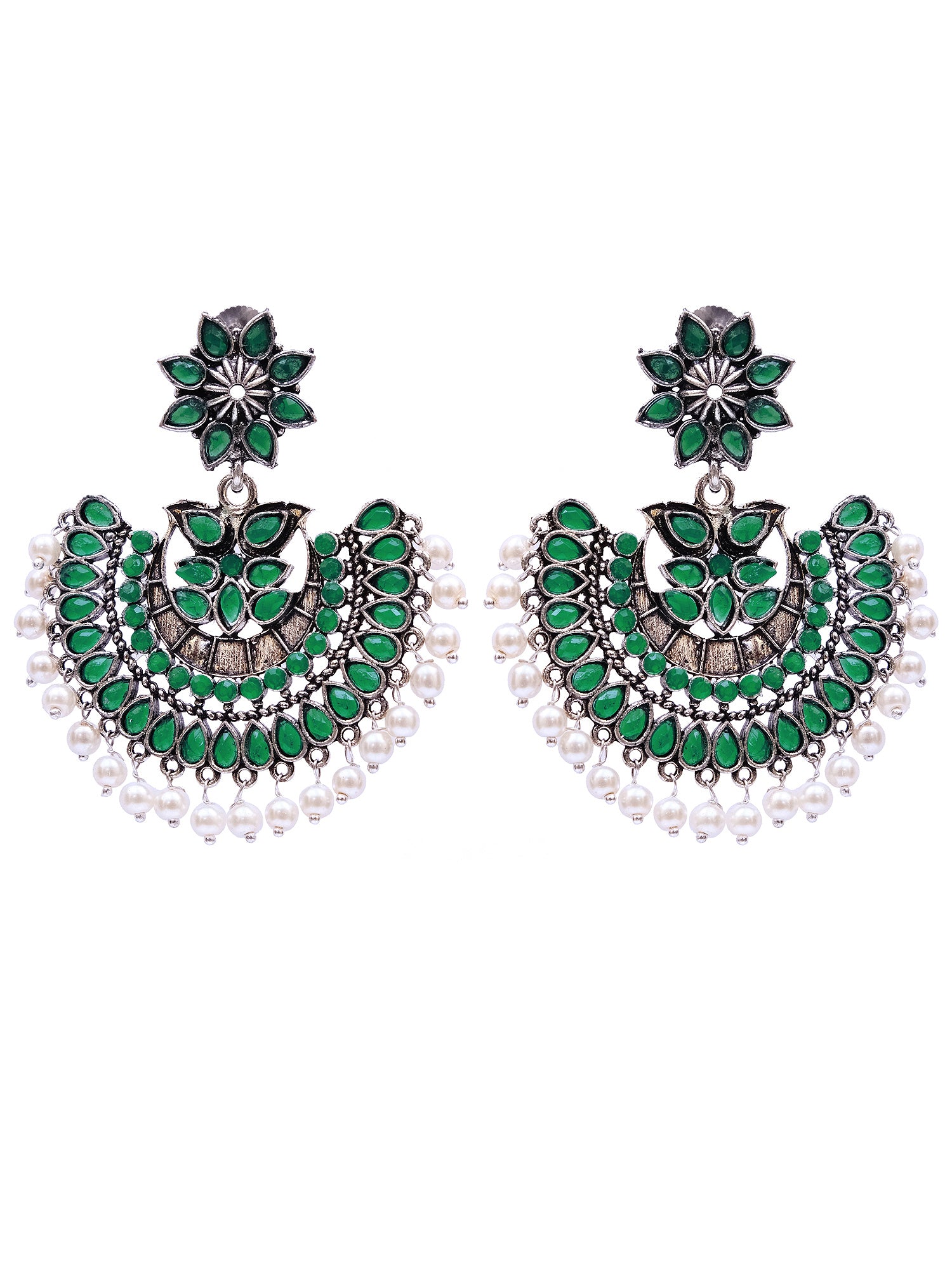 Oxidised Silver Kundan Pearl Chandbali Earrings for Women