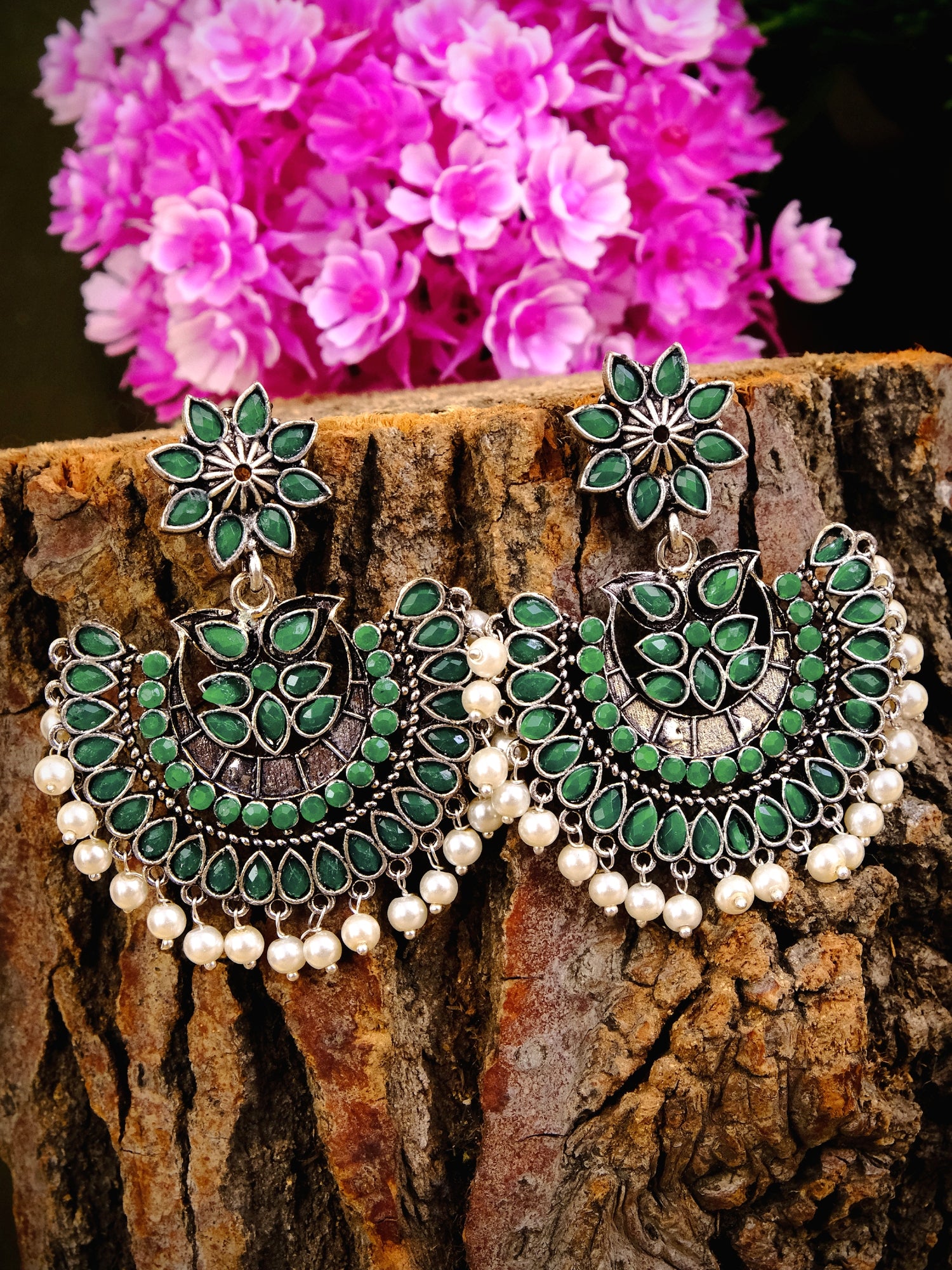 Oxidised Silver Kundan Pearl Chandbali Earrings for Women