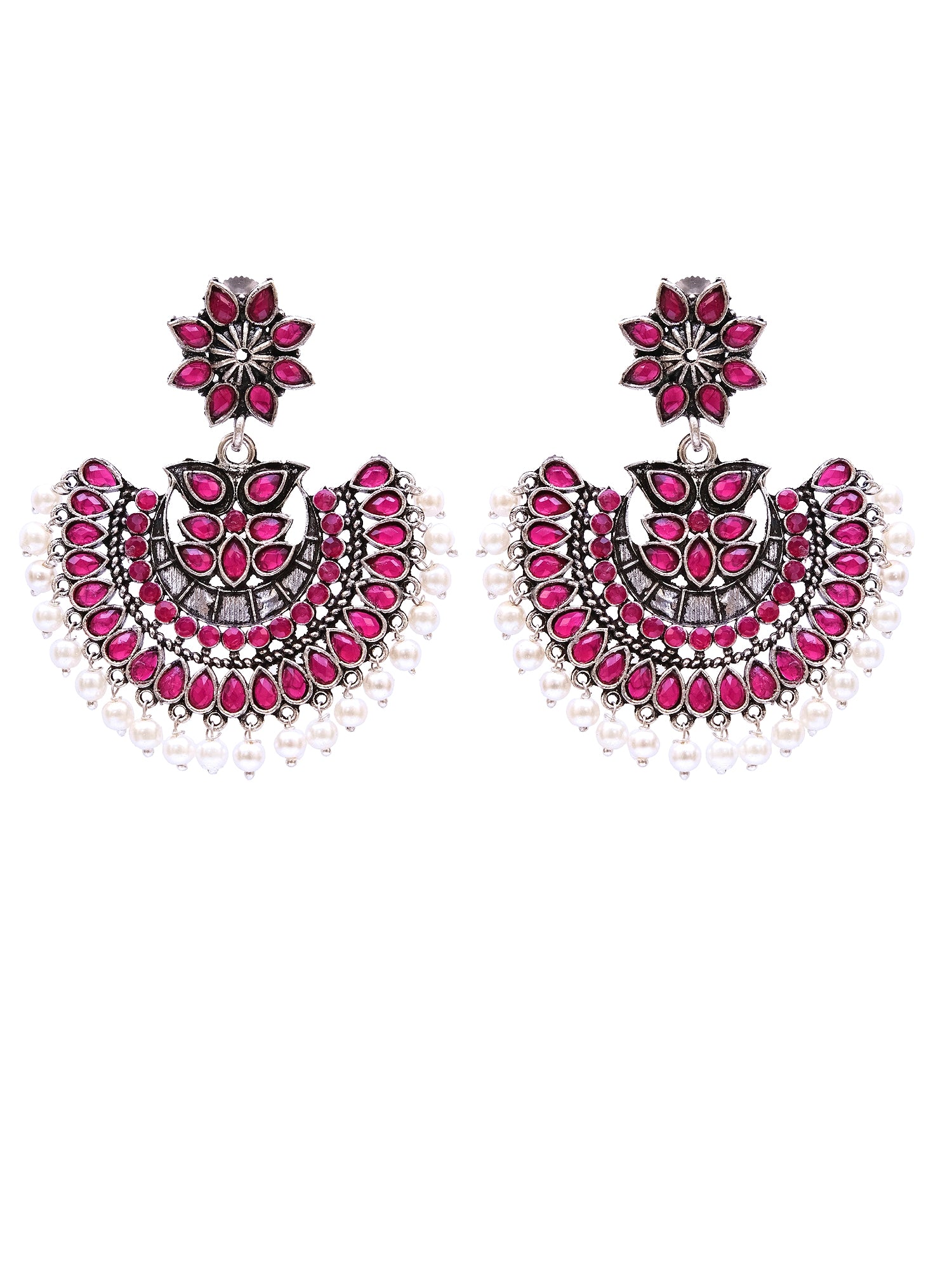 Oxidised Silver Kundan Pearl Chandbali Earrings for Women