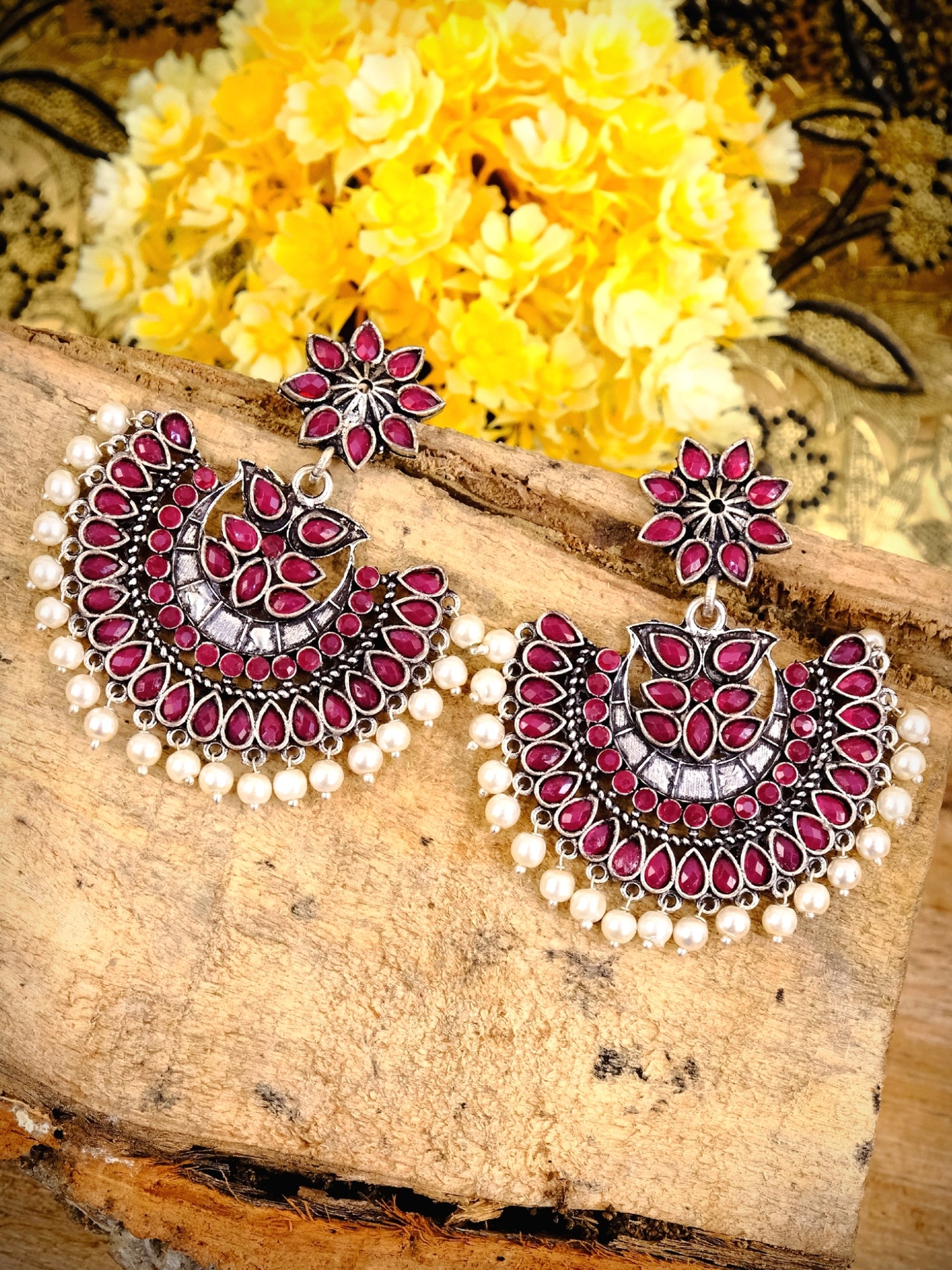 Oxidised Silver Kundan Pearl Chandbali Earrings for Women