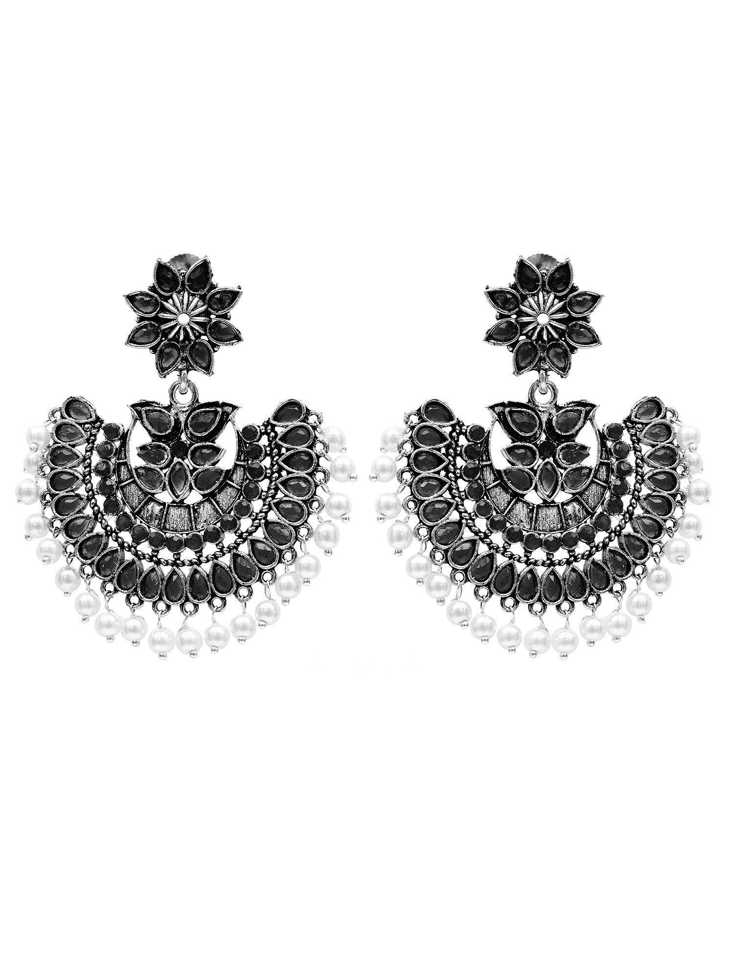 Oxidised Silver Kundan Pearl Chandbali Earrings for Women
