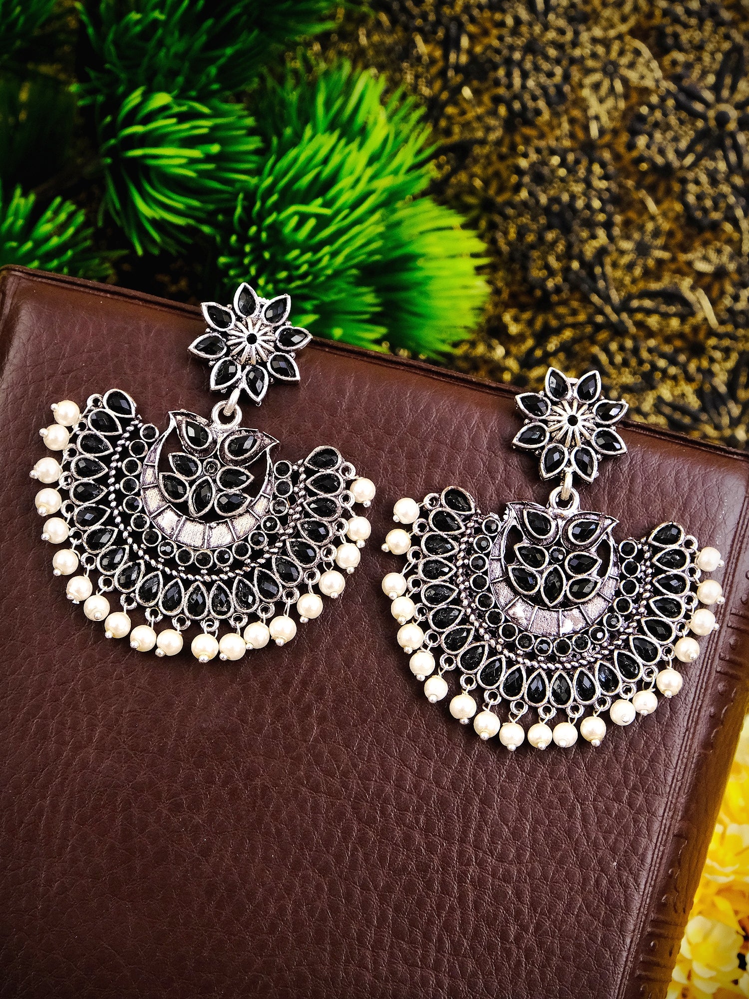 Oxidised Silver Kundan Pearl Chandbali Earrings for Women