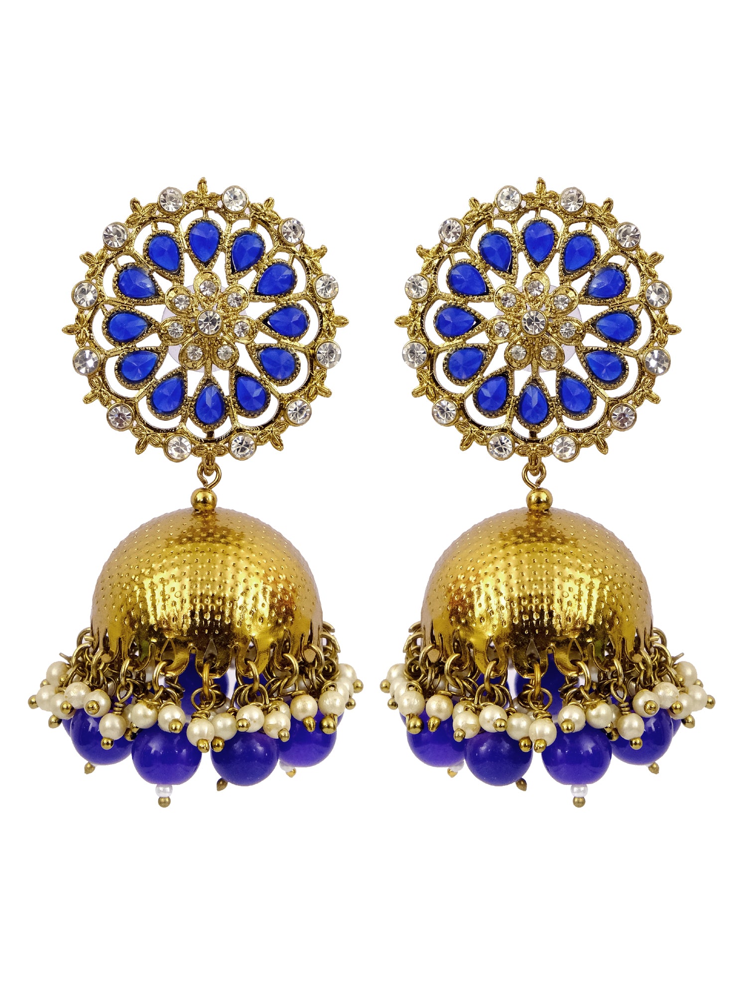 Elegant Traditional Gold-Plated Jhumka Stone Earrings with Blue Pearls for Women