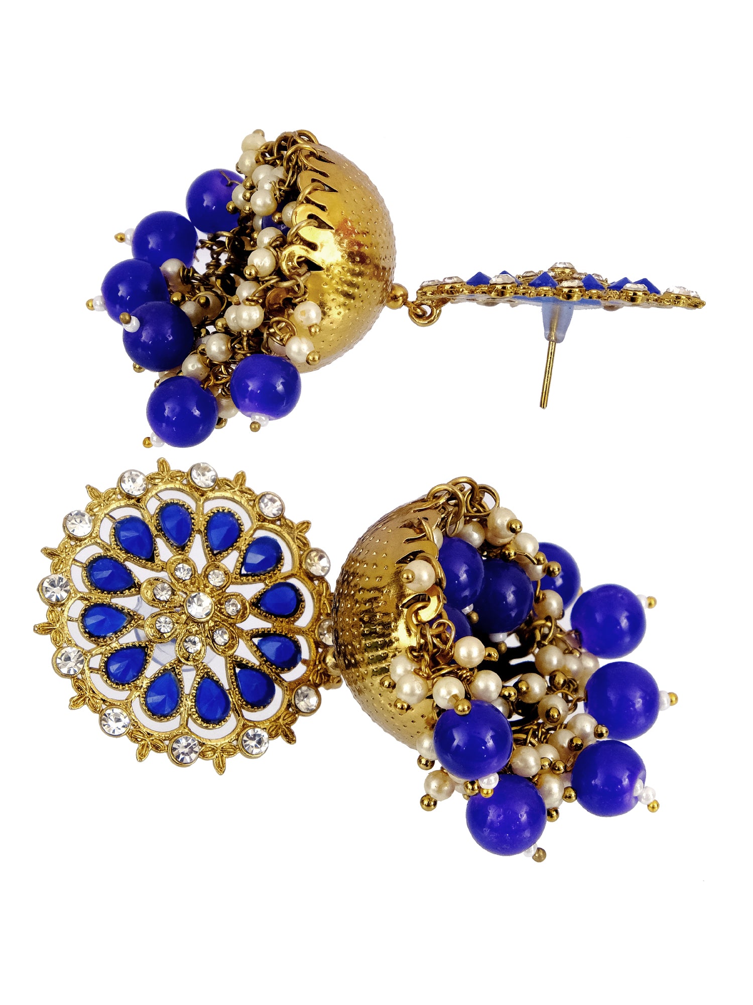 Elegant Traditional Gold-Plated Jhumka Stone Earrings with Blue Pearls for Women