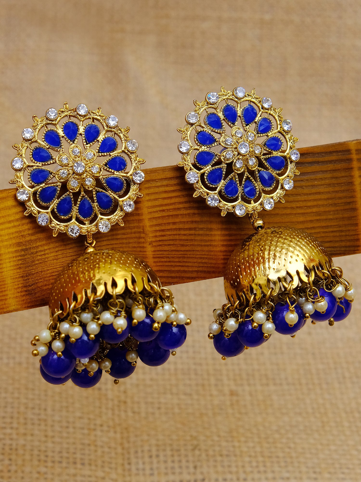 Elegant Traditional Gold-Plated Jhumka Stone Earrings with Blue Pearls for Women