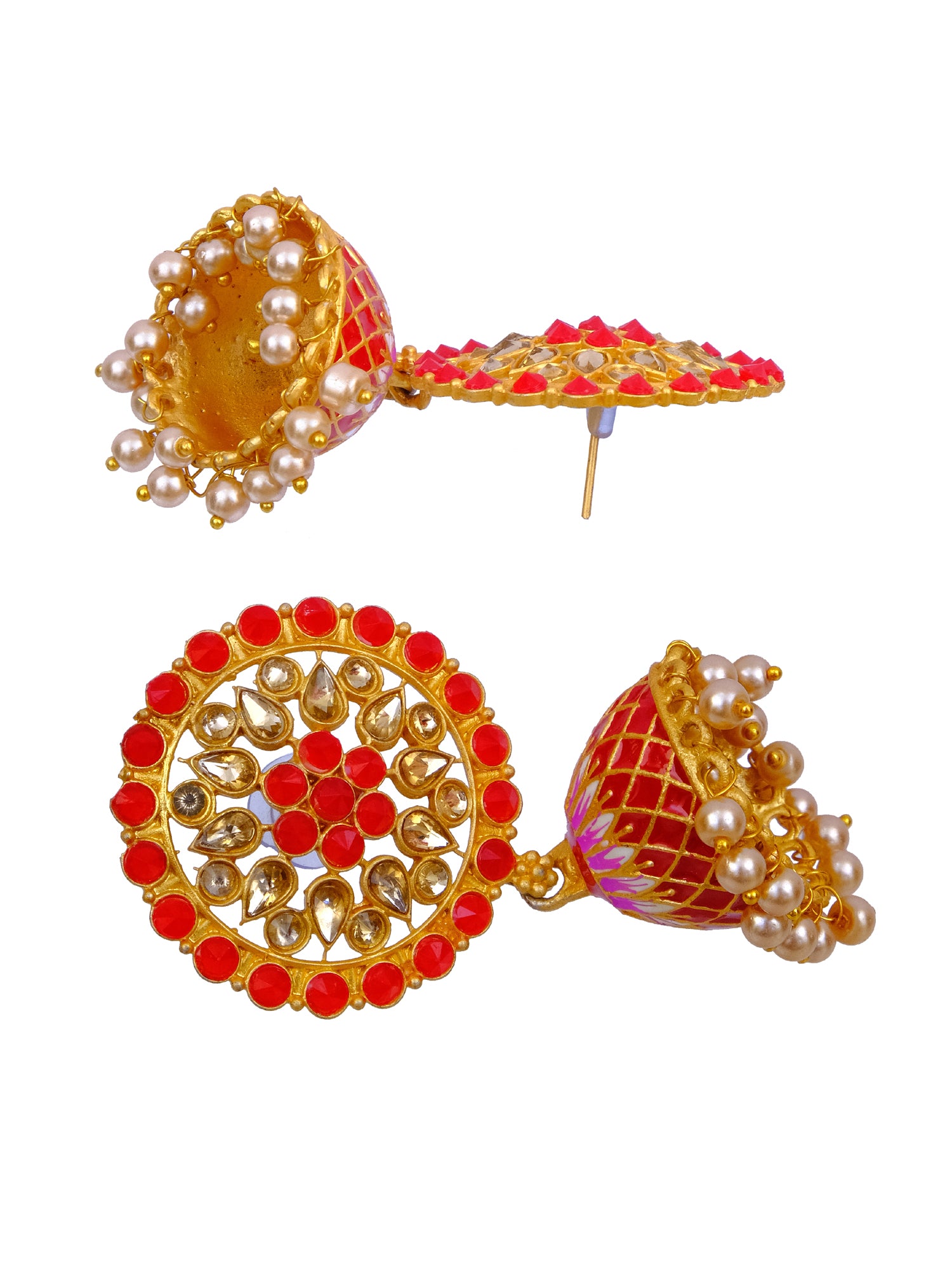 Traditional Gold Plated Red Floral Kundan Earrings for Women - Royal Gold Stone Earrings