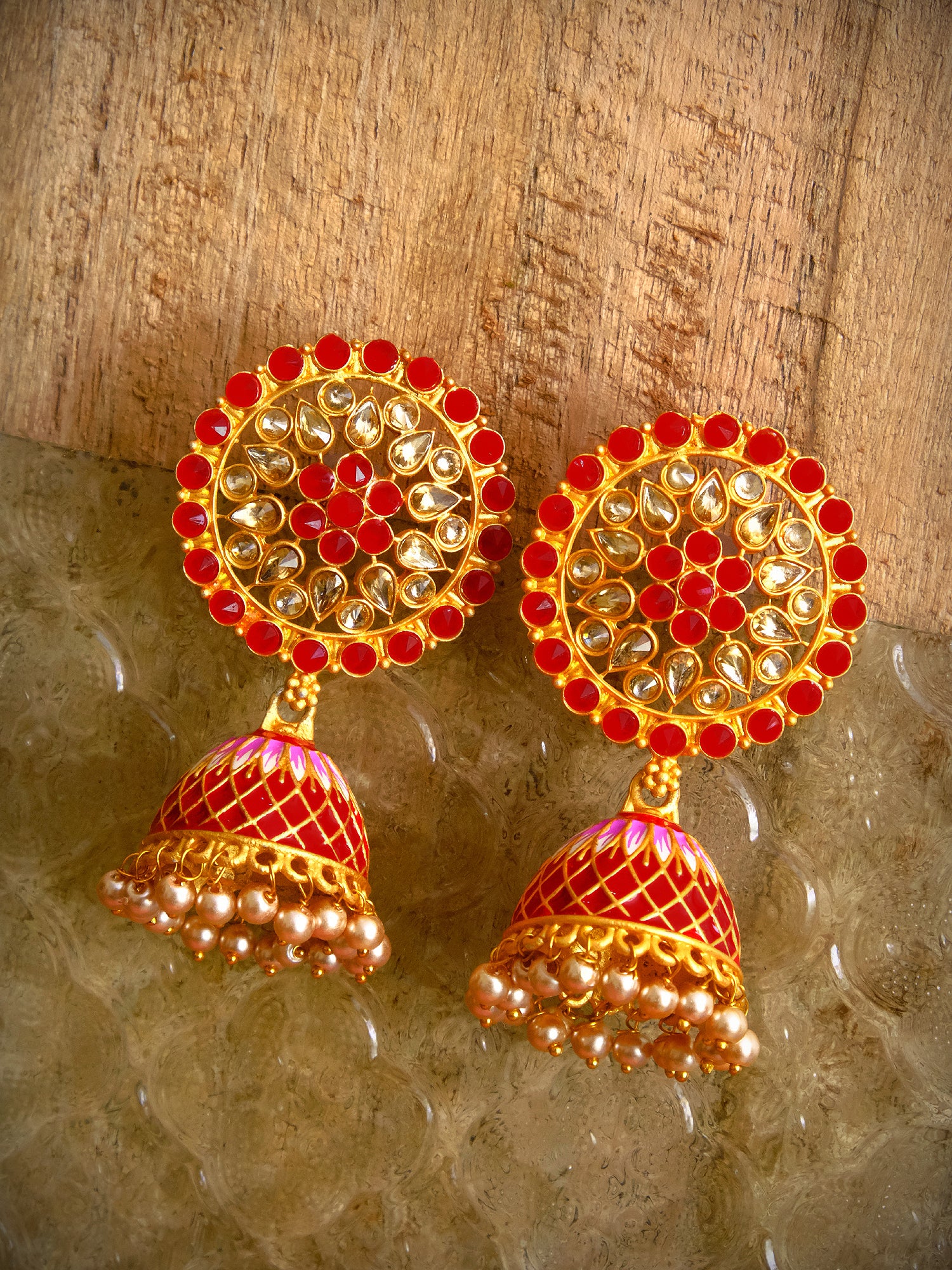 Traditional Gold Plated Red Floral Kundan Earrings for Women - Royal Gold Stone Earrings