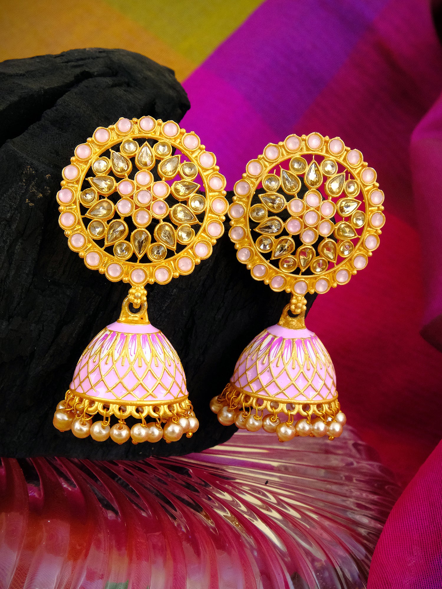 Traditional Pink Floral Gold Plated Kundan Earrings for Women - New Design, Artificial Jewelry