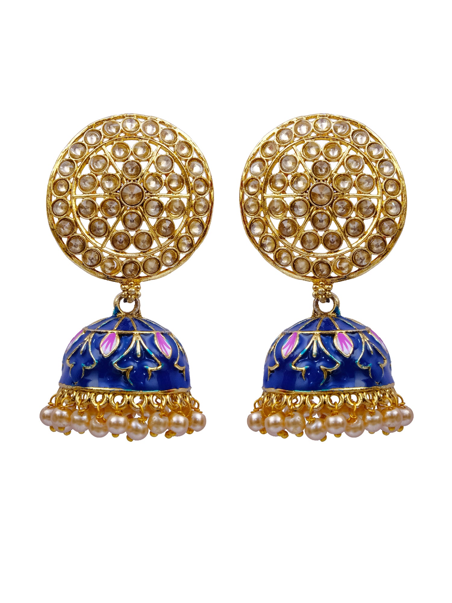 Gold Plated Blue Round Kundan Jhumka Earrings for Women