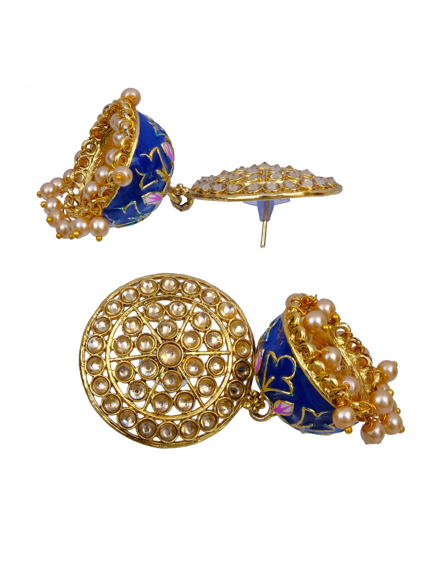 Gold Plated Blue Round Kundan Jhumka Earrings for Women