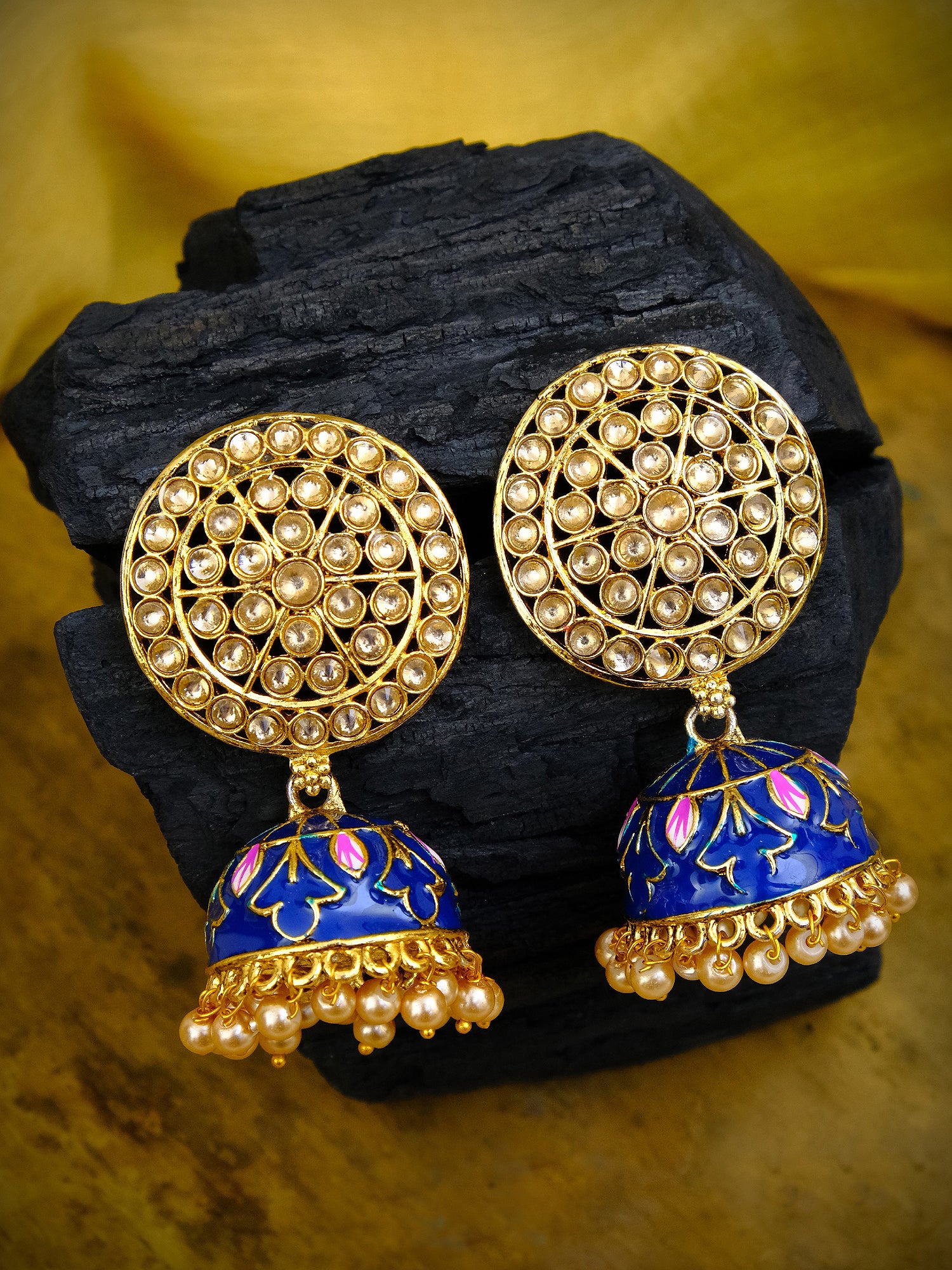 Gold Plated Blue Round Kundan Jhumka Earrings for Women