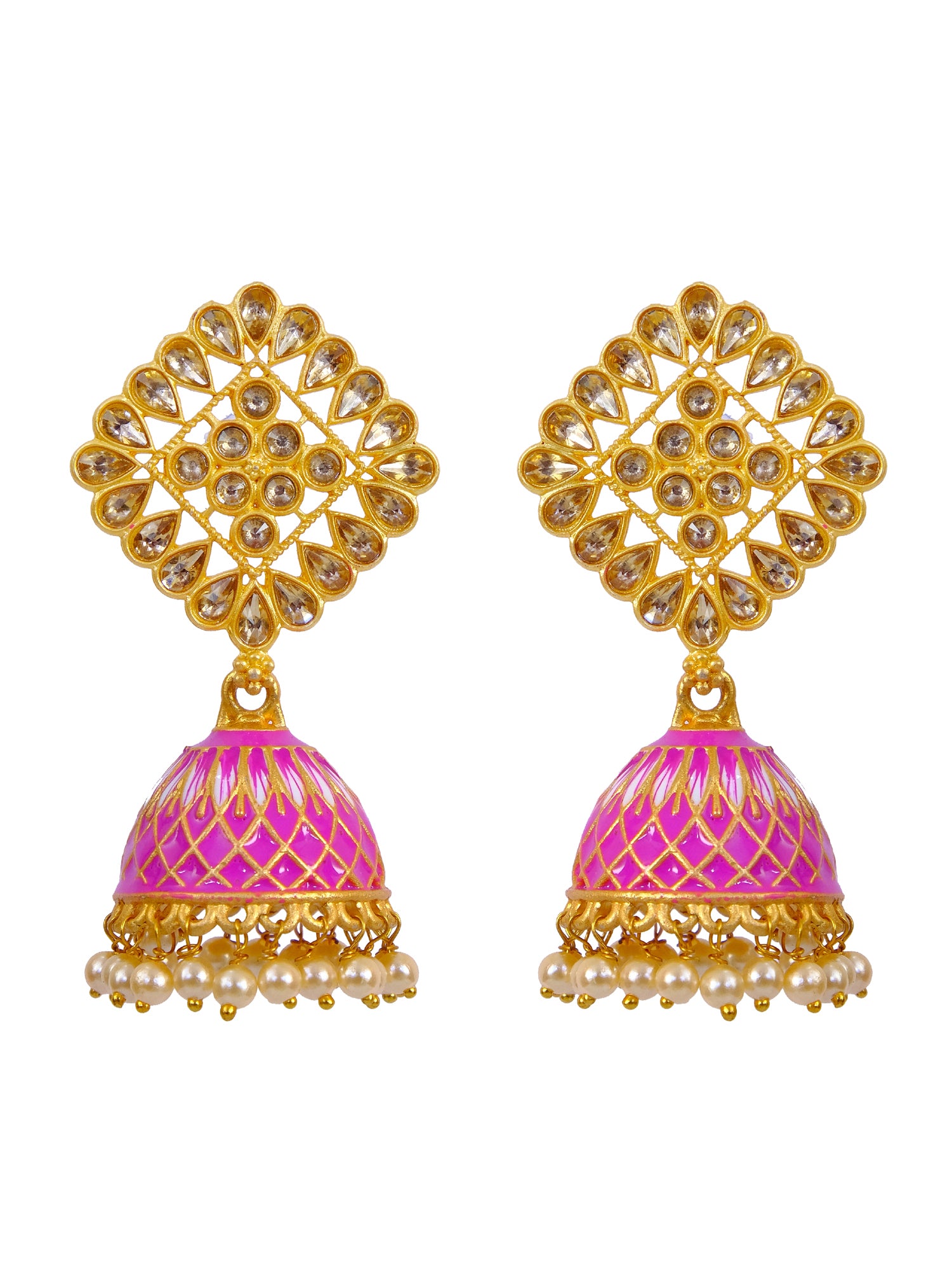 Royal Elegance: Gold Plated Pink Meenakari Kundan Stone Jhumka Earrings for Women