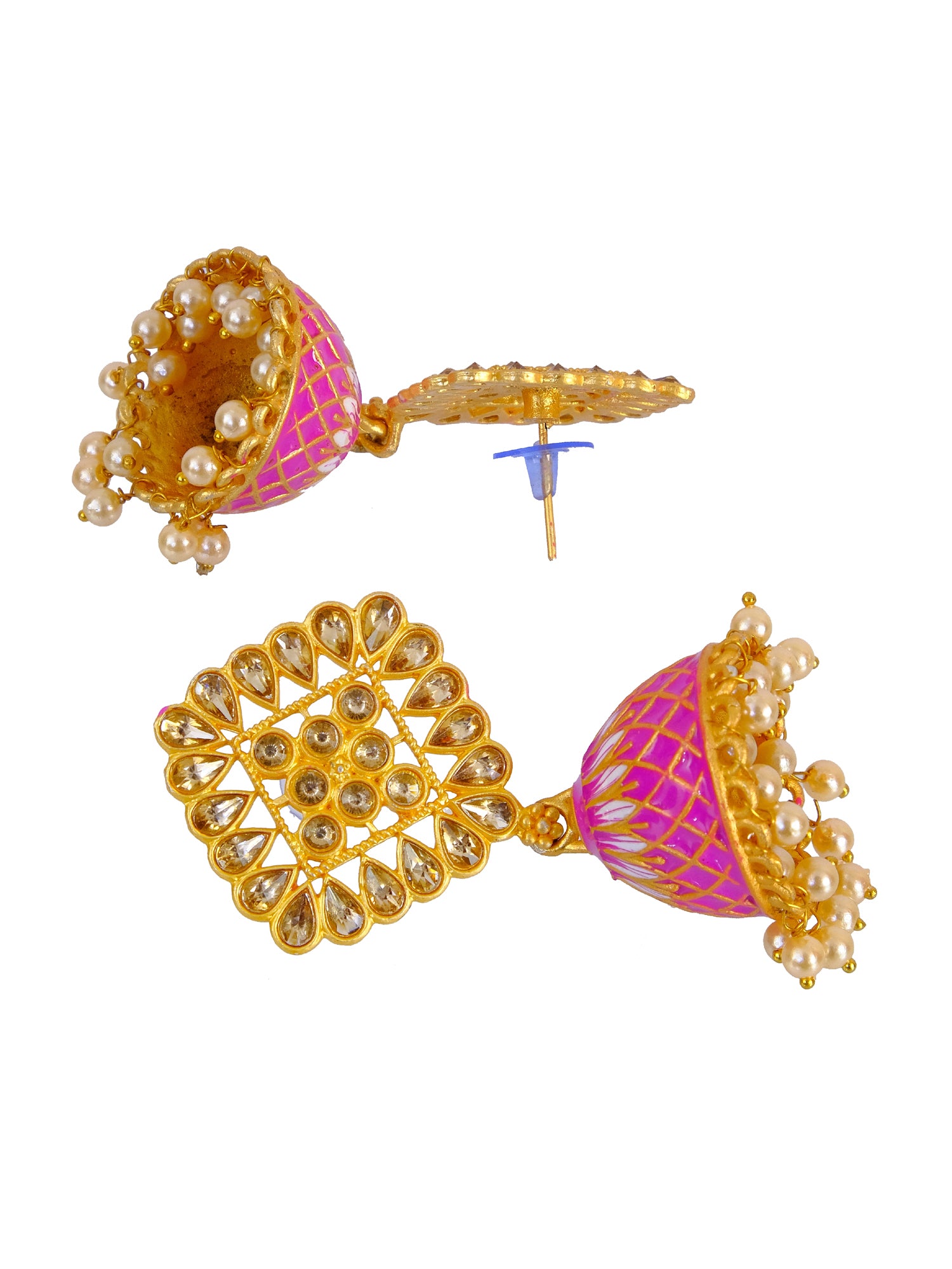Royal Elegance: Gold Plated Pink Meenakari Kundan Stone Jhumka Earrings for Women