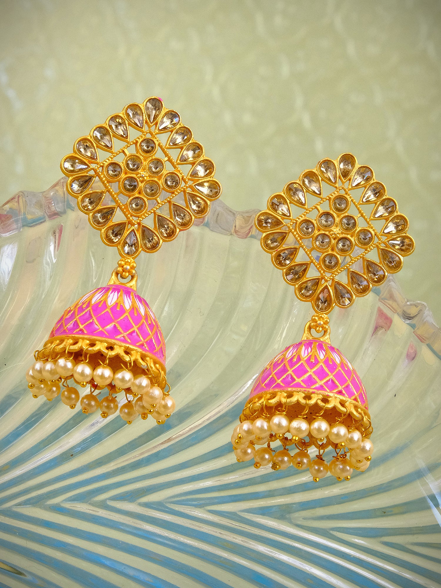 Royal Elegance: Gold Plated Pink Meenakari Kundan Stone Jhumka Earrings for Women